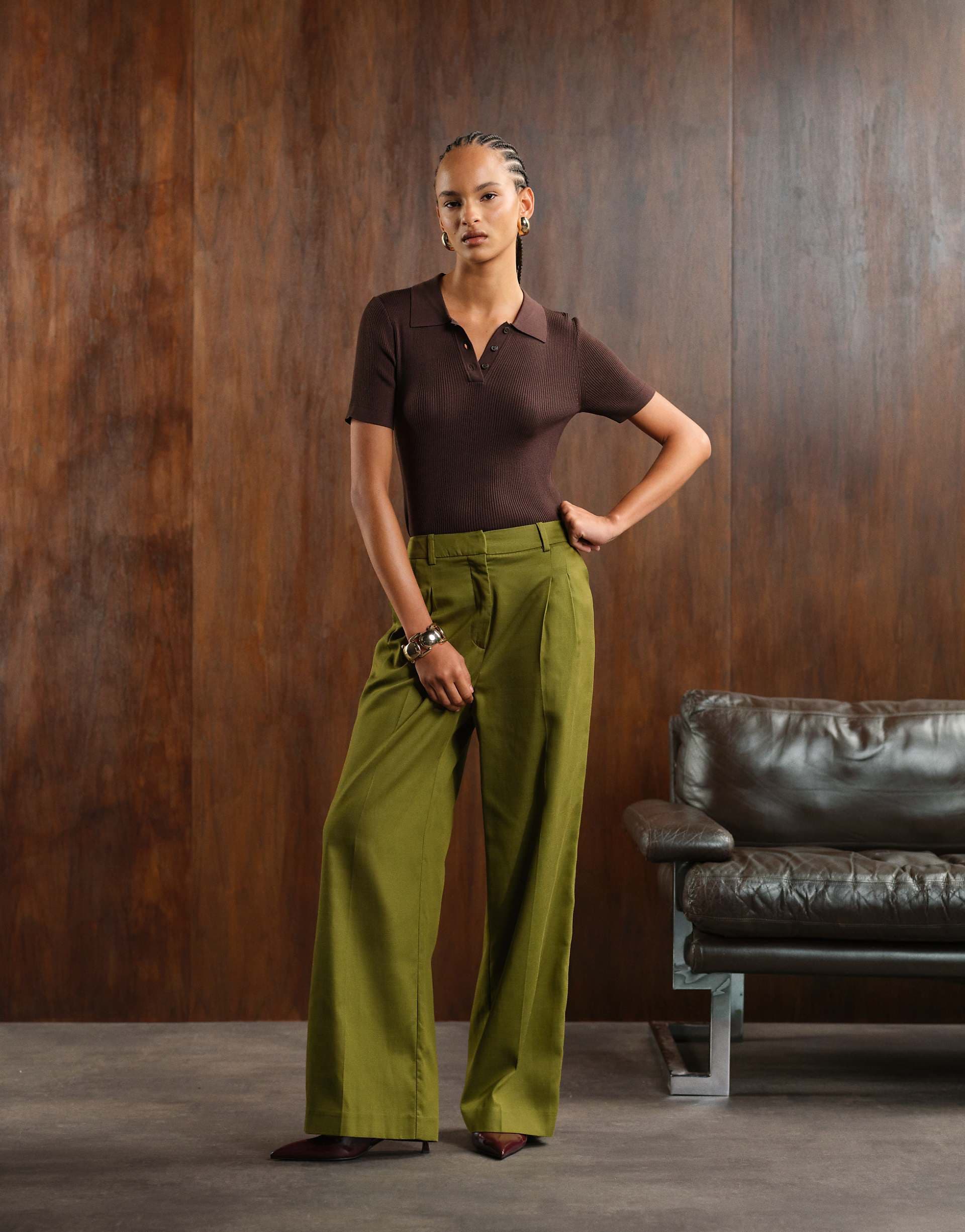 Nobody's Child Jax wide leg tailored pants in khaki green - part of a set