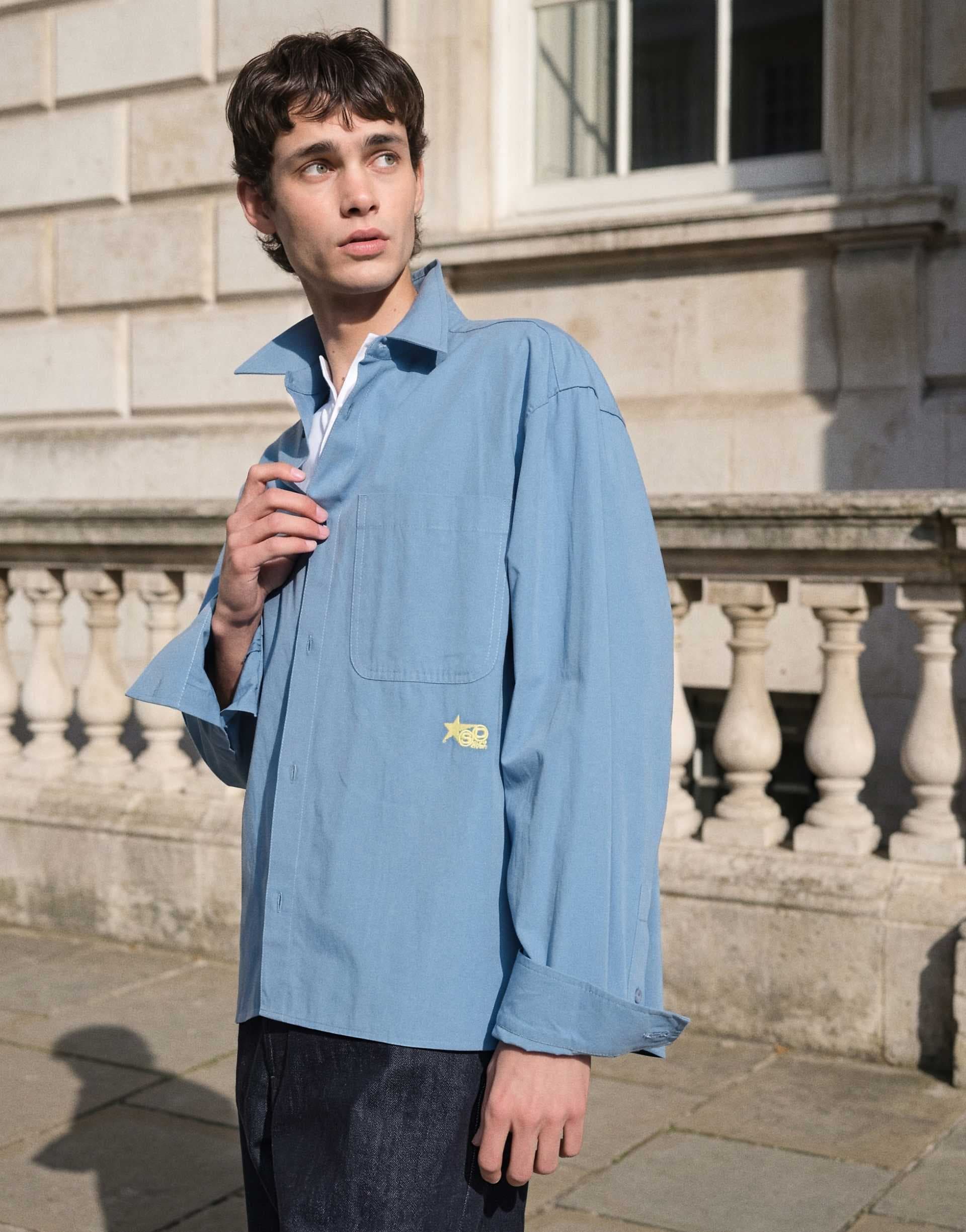 ASOS DESIGN oversized poplin shirt with chest embroidery in blue