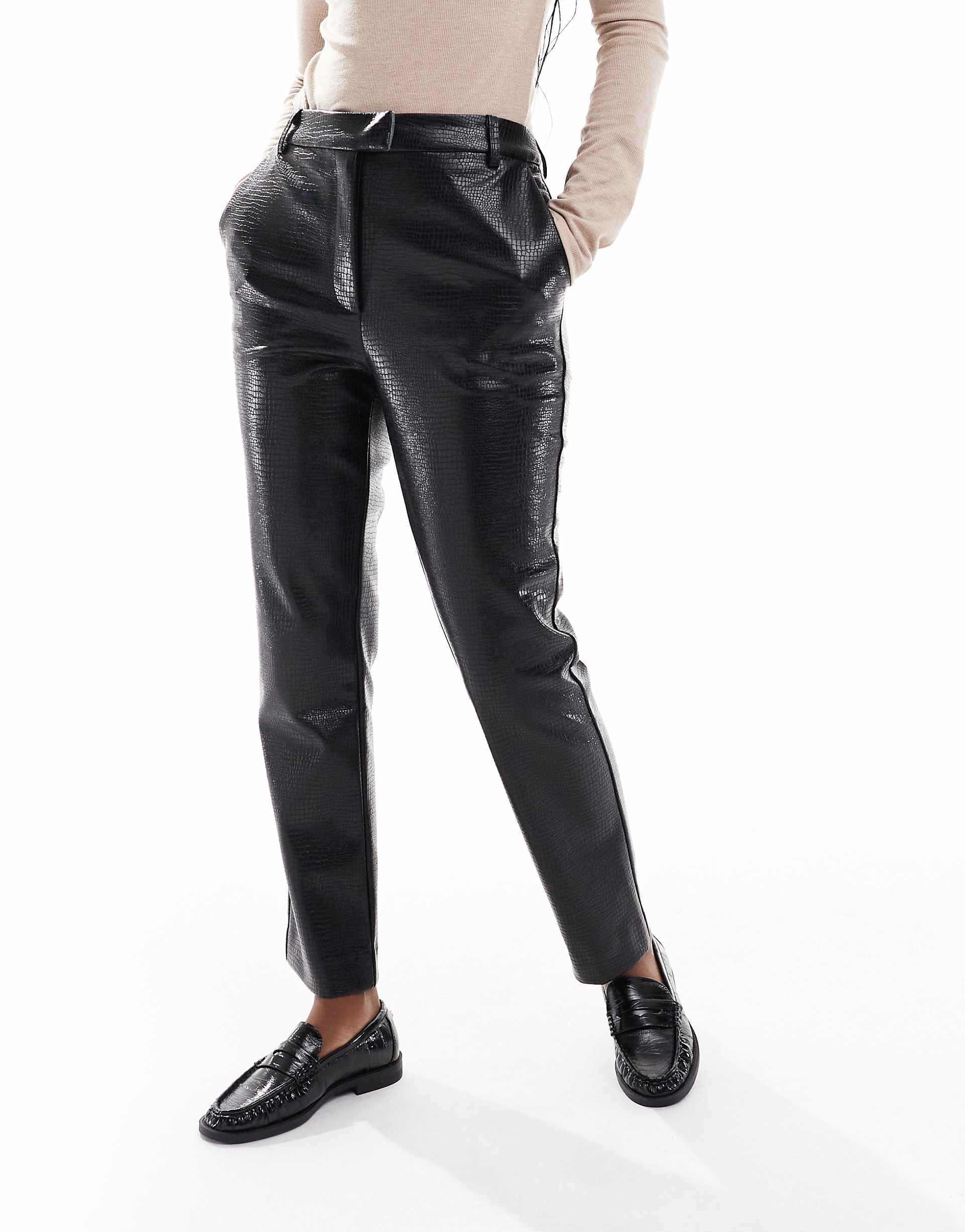 ASOS DESIGN tailored croc faux leather slim ankle grazer pants in black