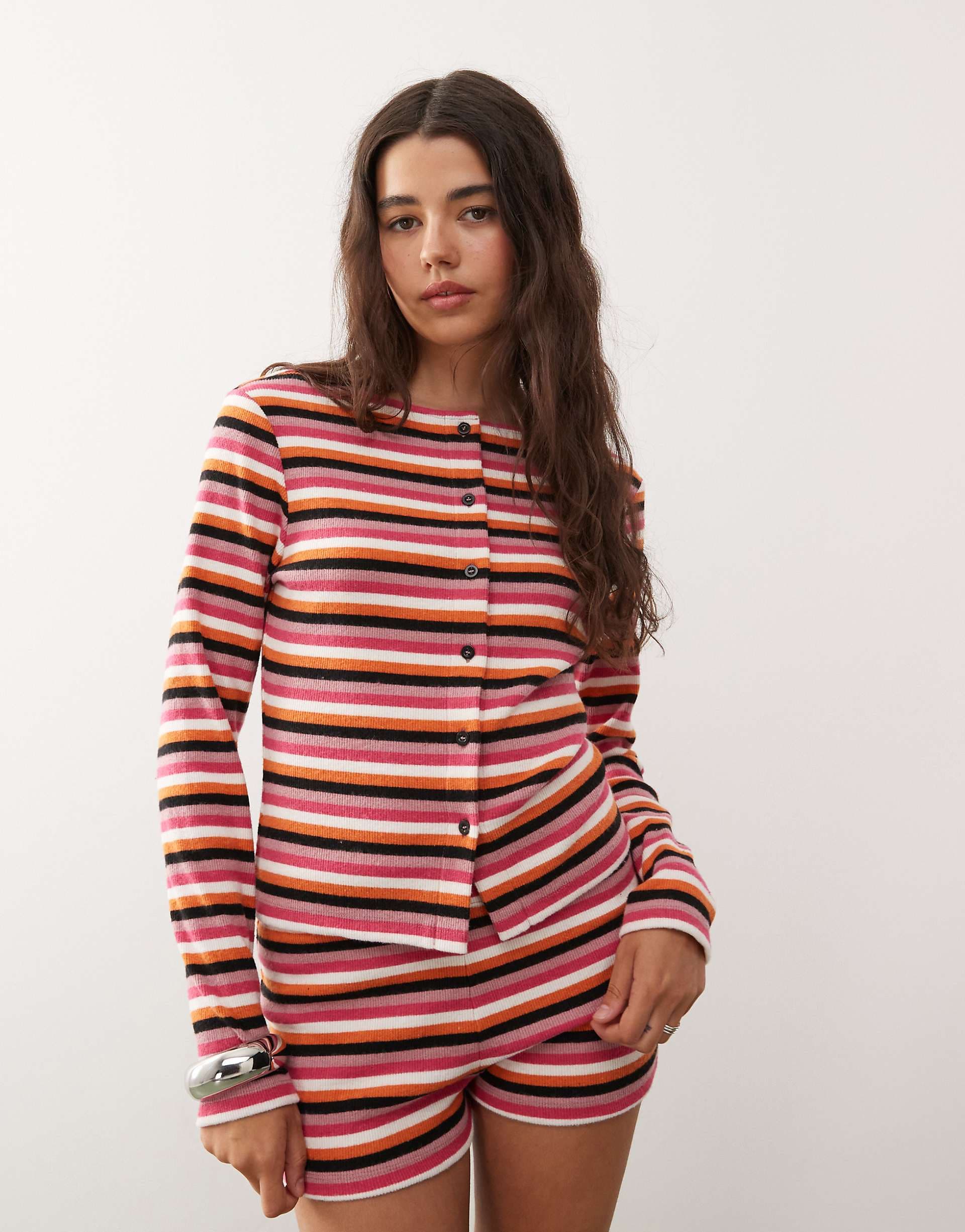 Reclaimed Vintage long sleeve button up top in multi stripe - part of a set