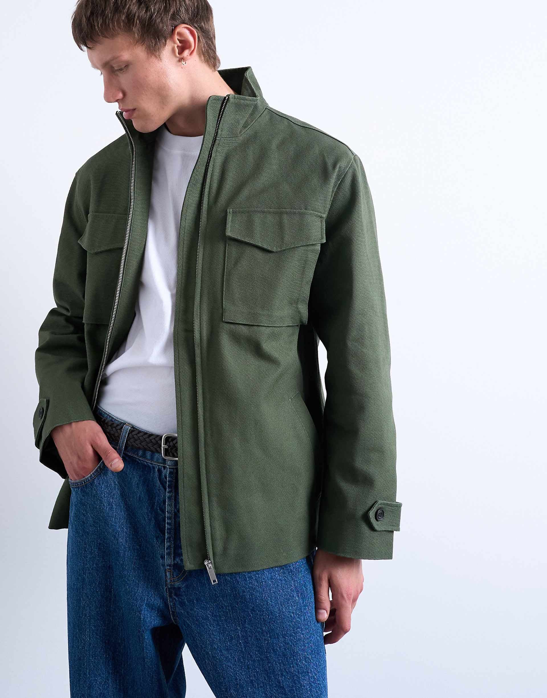 Topman double pocket canvas jacket in green