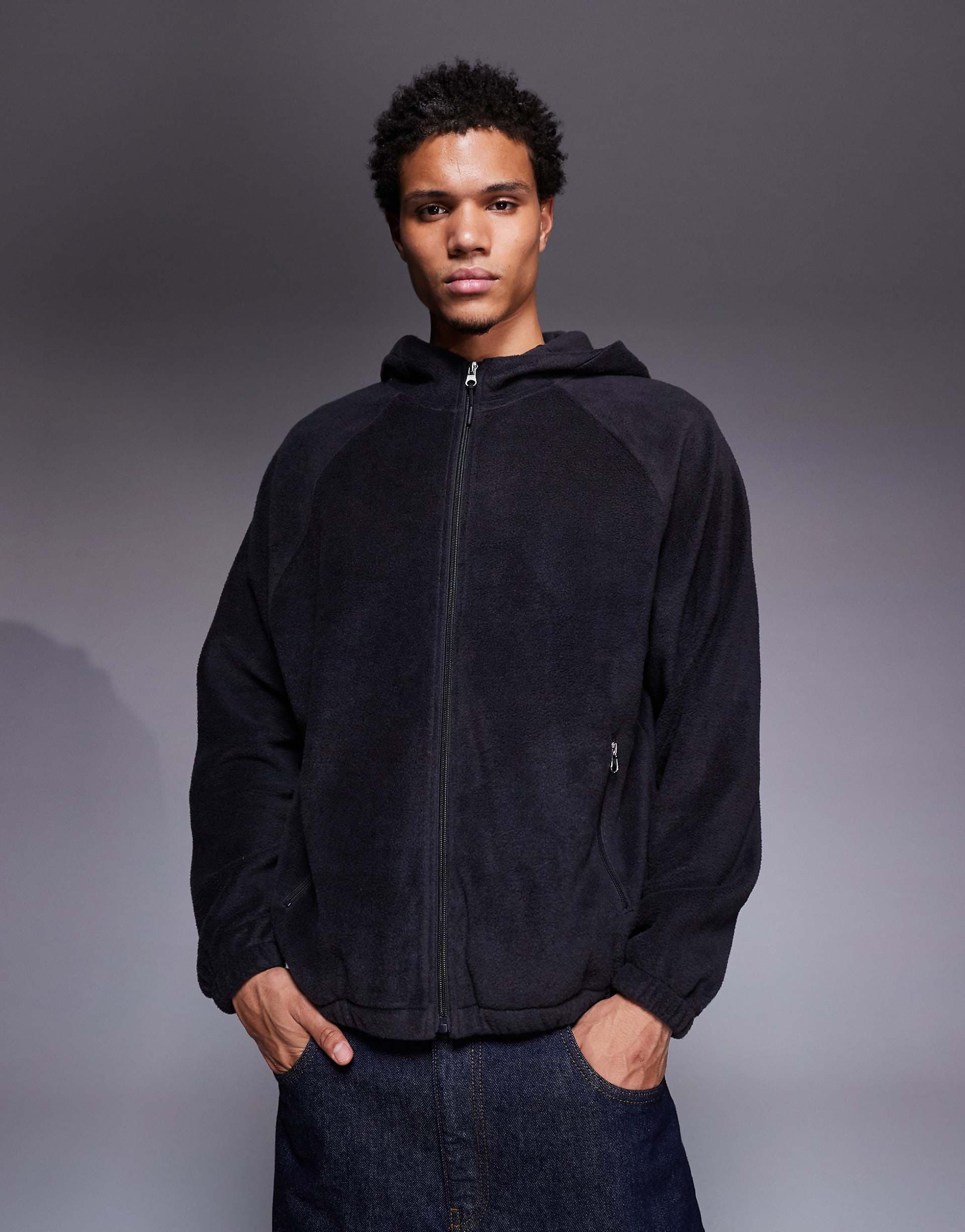 ASOS DESIGN relaxed zip through funnel neck fleece hoodie in charcoal
