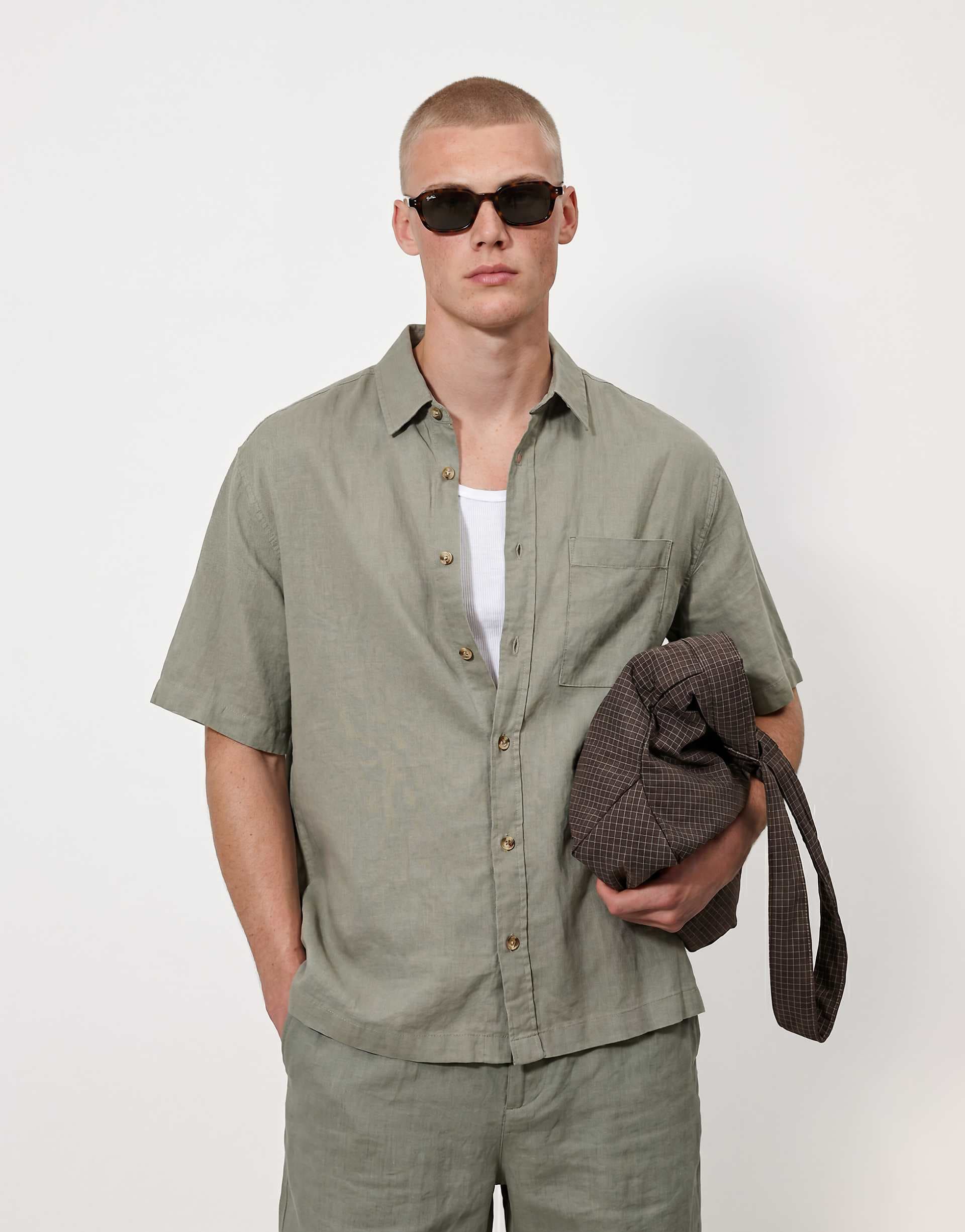 ASOS DESIGN oversized linen blend shirt in khaki - part of a set