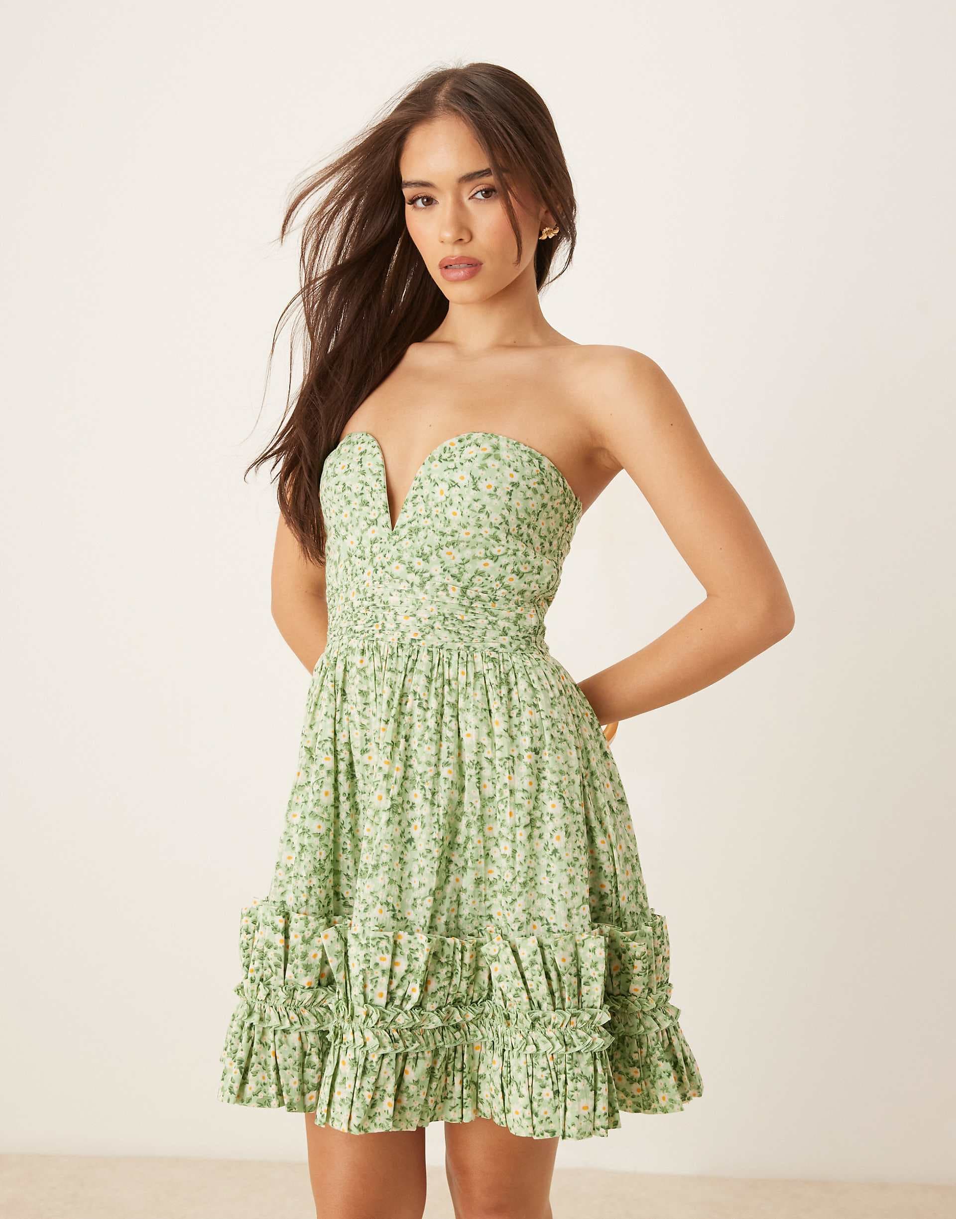 Lace & Beads bandeau cotton ruffle hem mini dress in green daisy