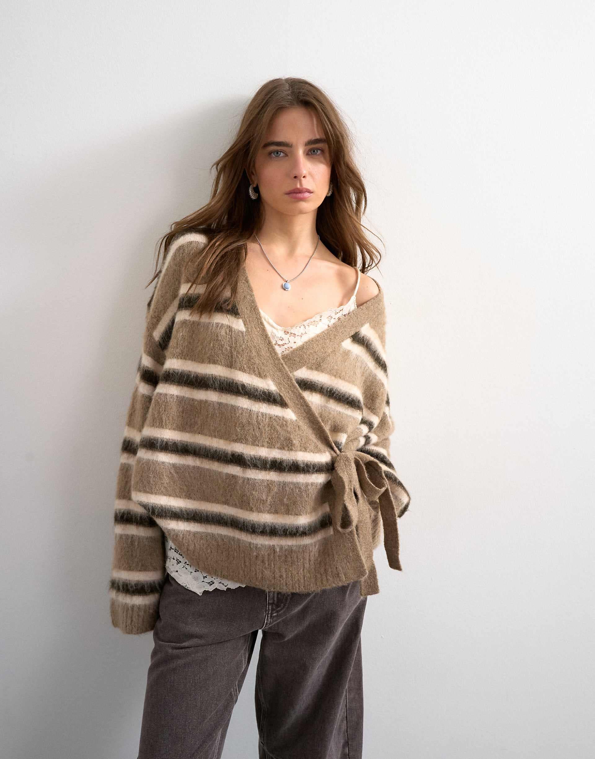 Topshop knit fluffy striped wrap tie cardigan in neutral