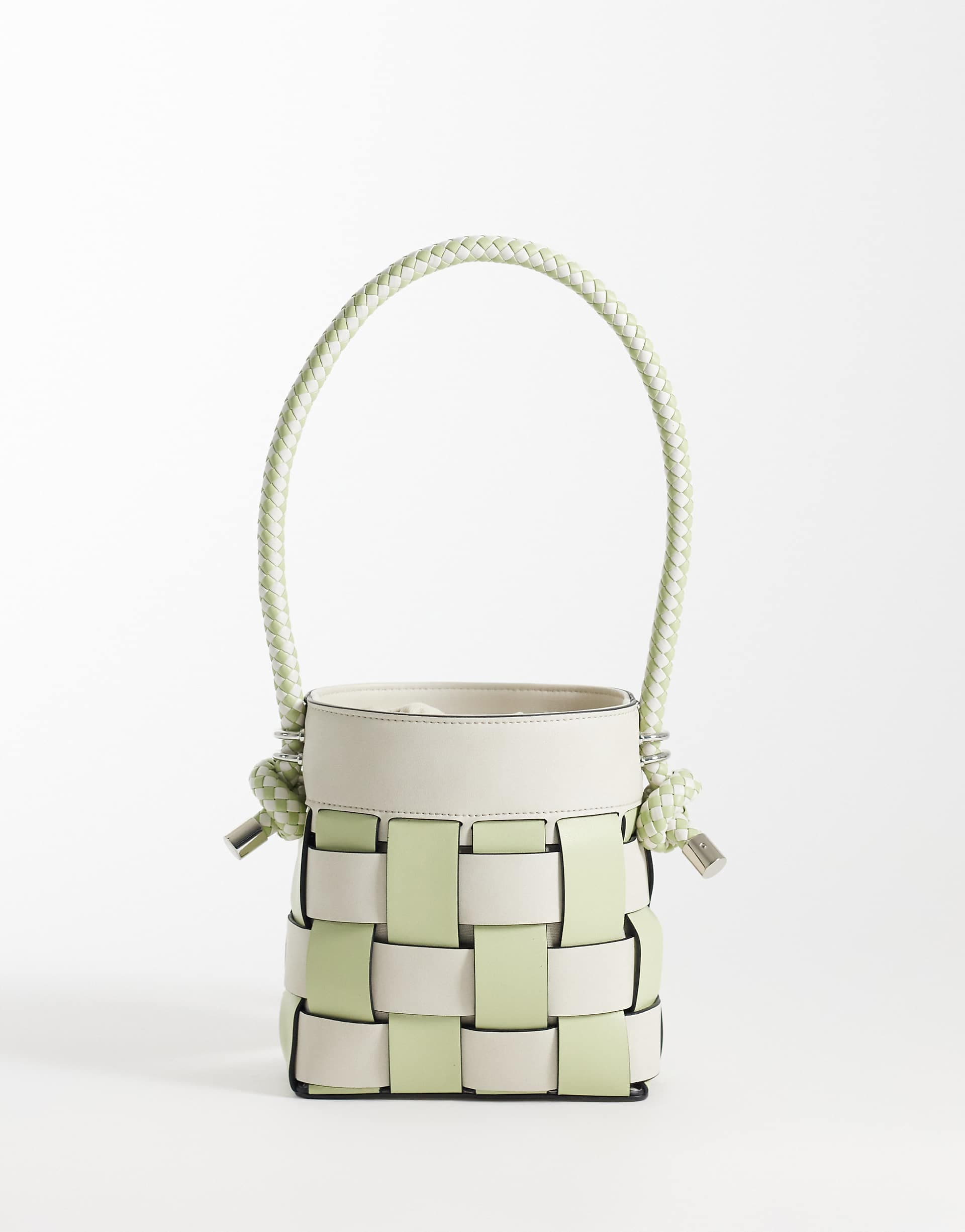 ASOS DESIGN woven bucket shoulder bag in two tone sage & cream