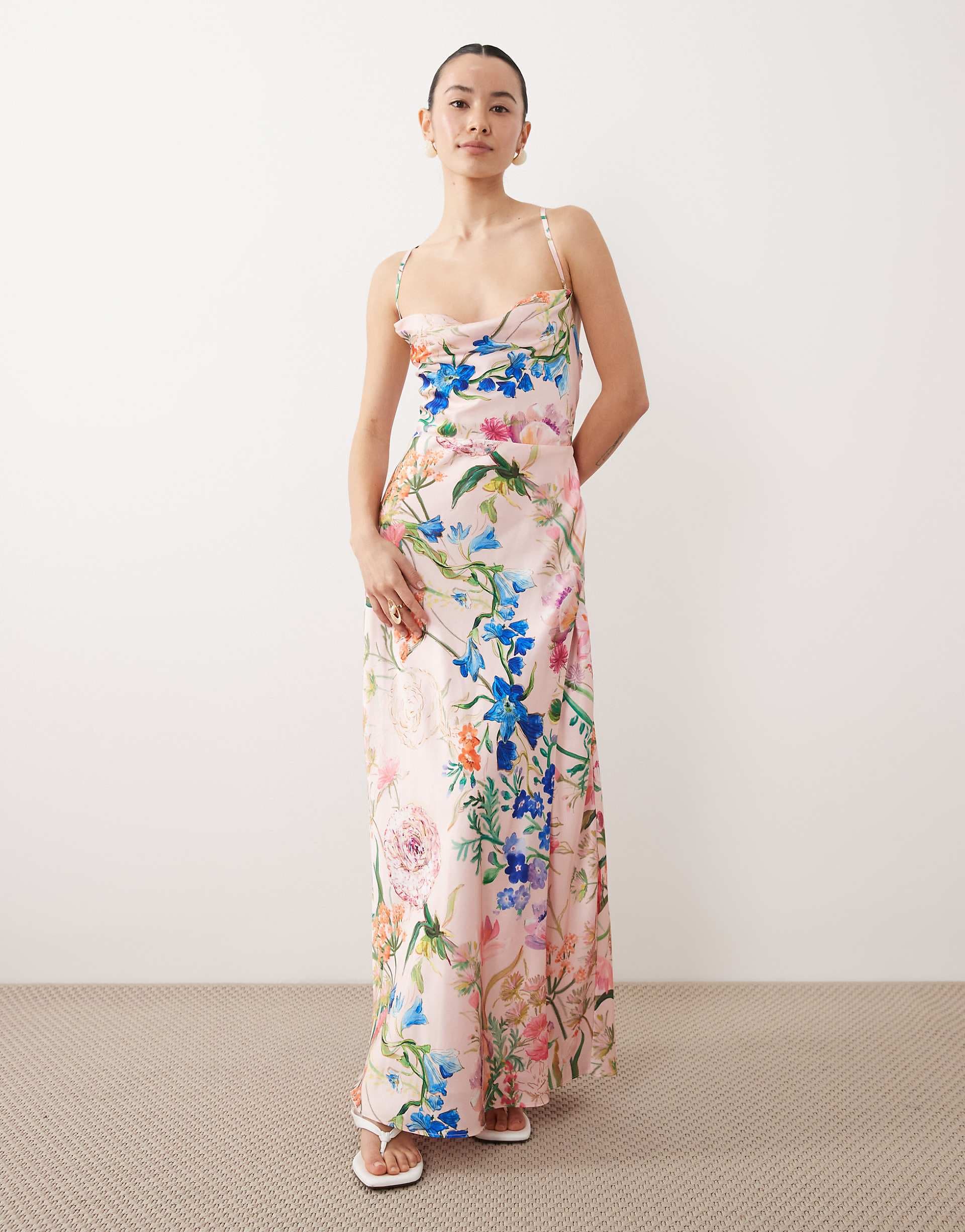 Hope & Ivy Petite satin cami maxi dress in light pink floral