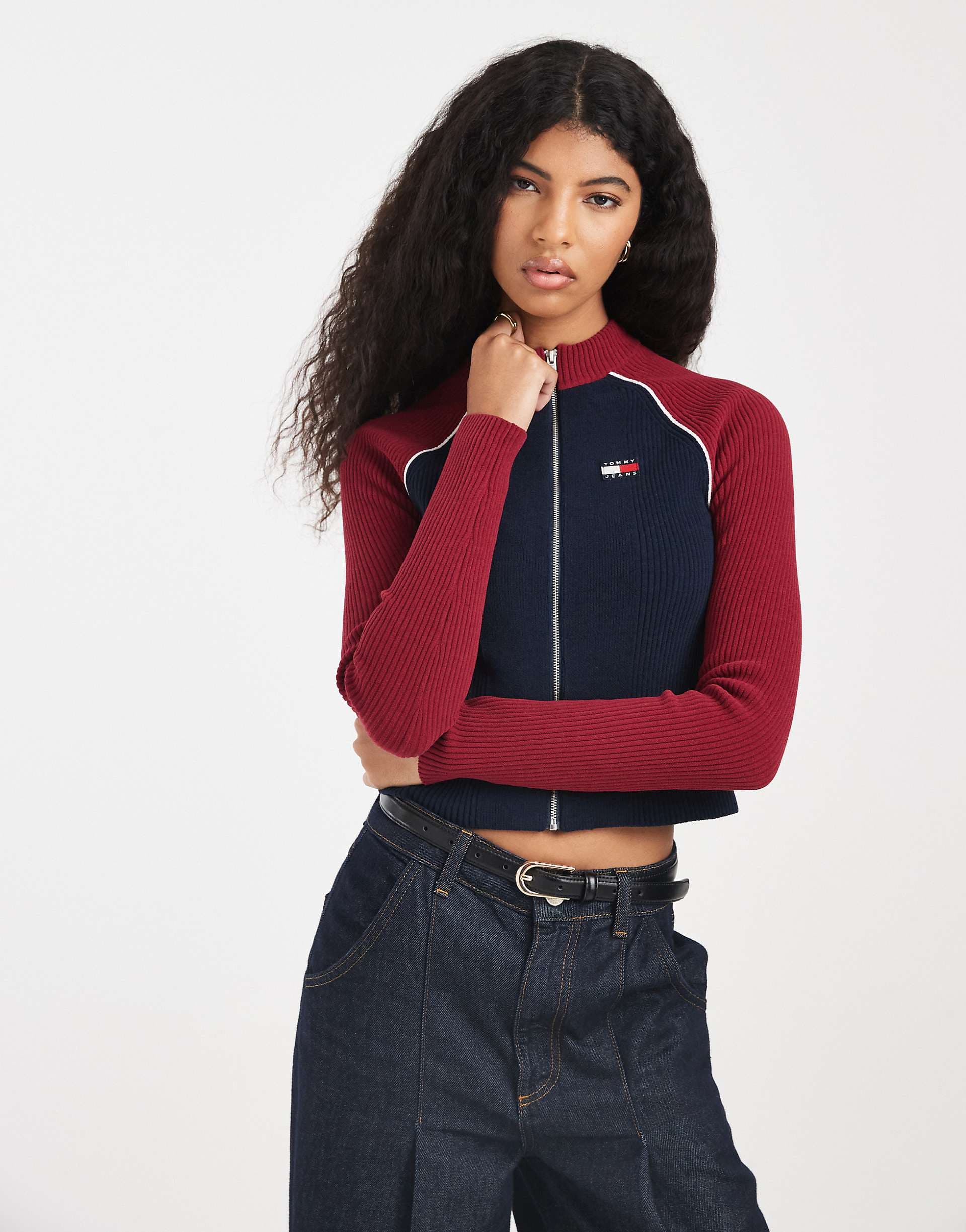 Tommy Jeans color block zip through rib cardigan in burgundy and navy