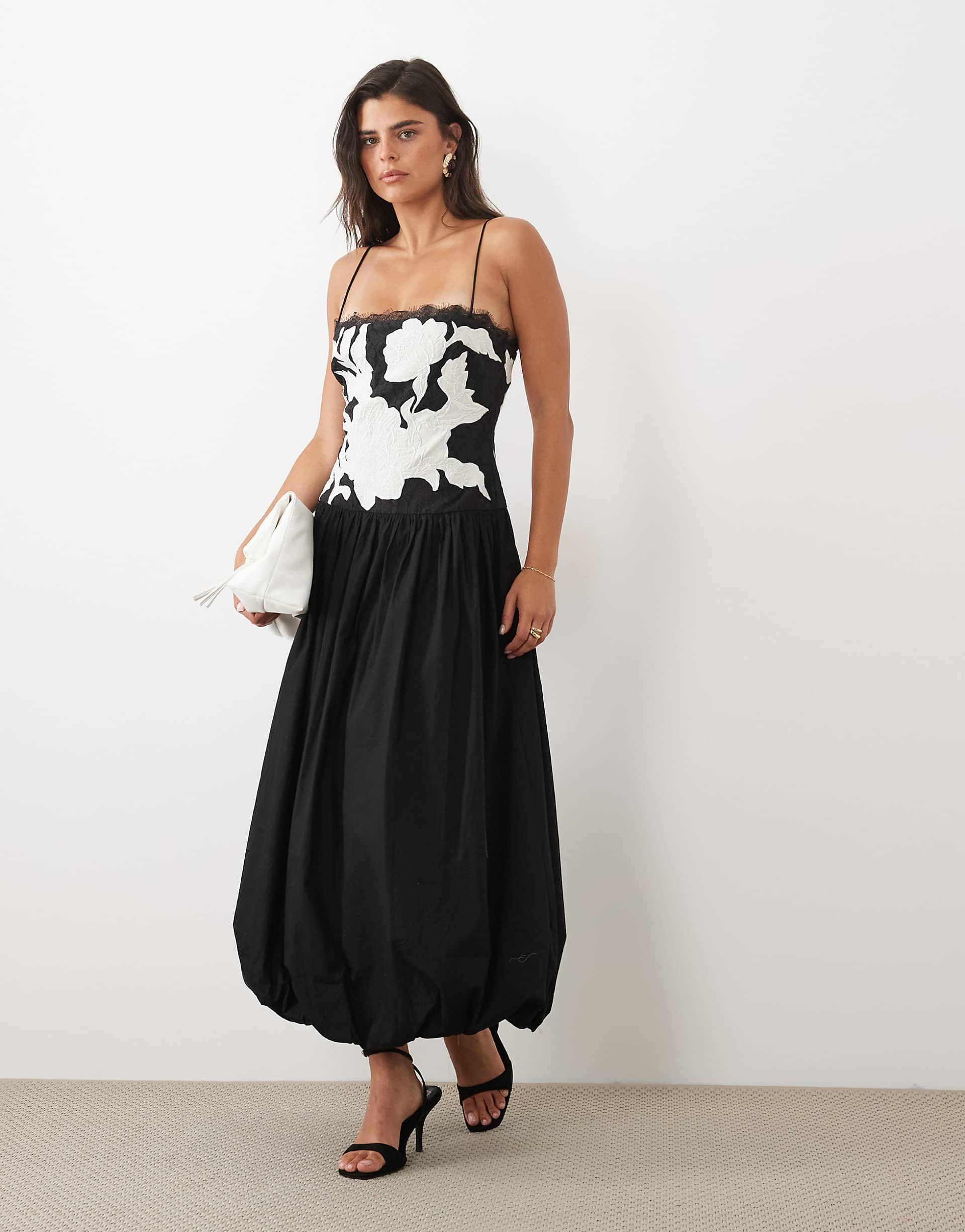 ASOS DESIGN embroidered lace midaxi dress with bubble skirt in black