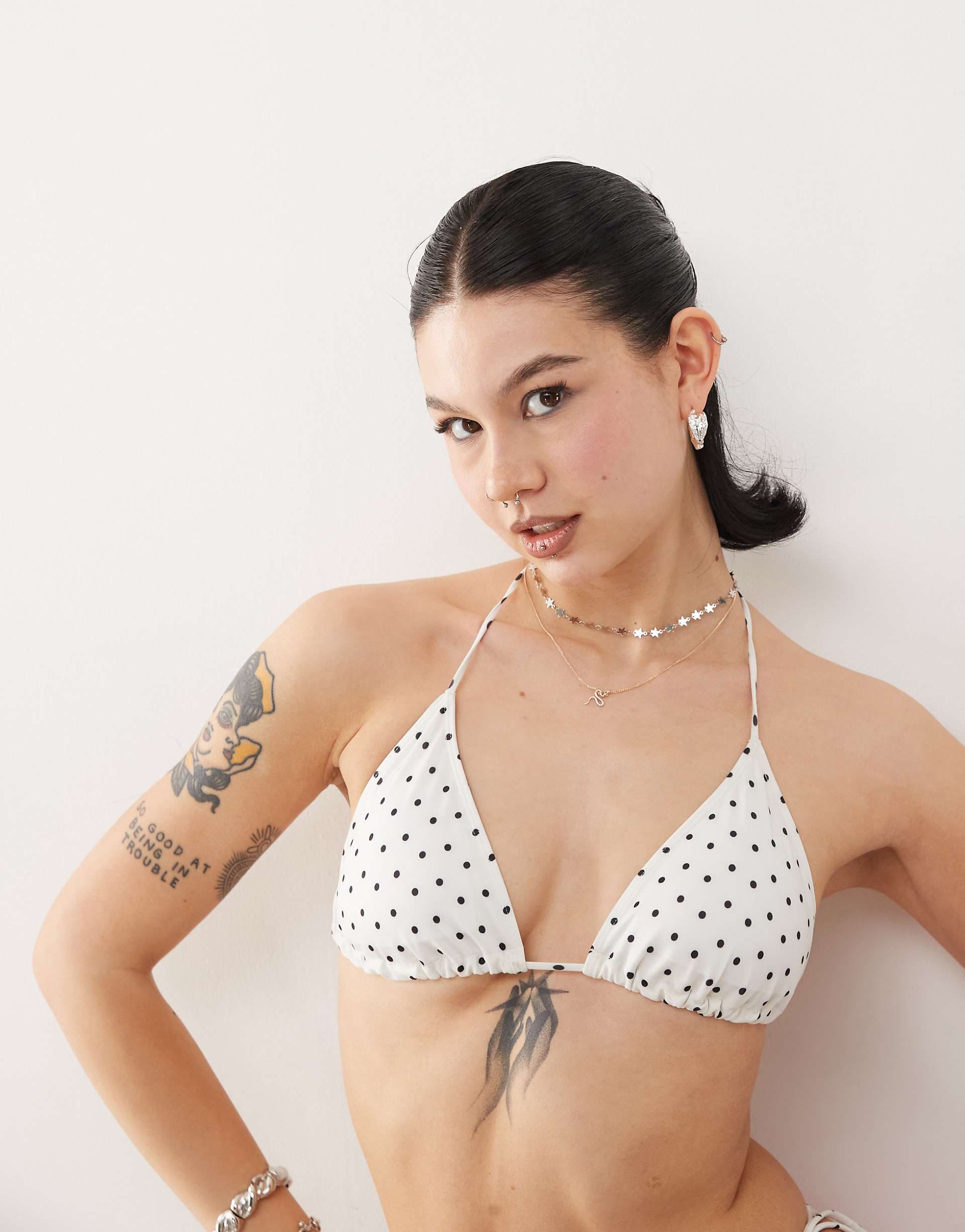 Monki mix and match triangle tie up bikini top in white and black polka dot