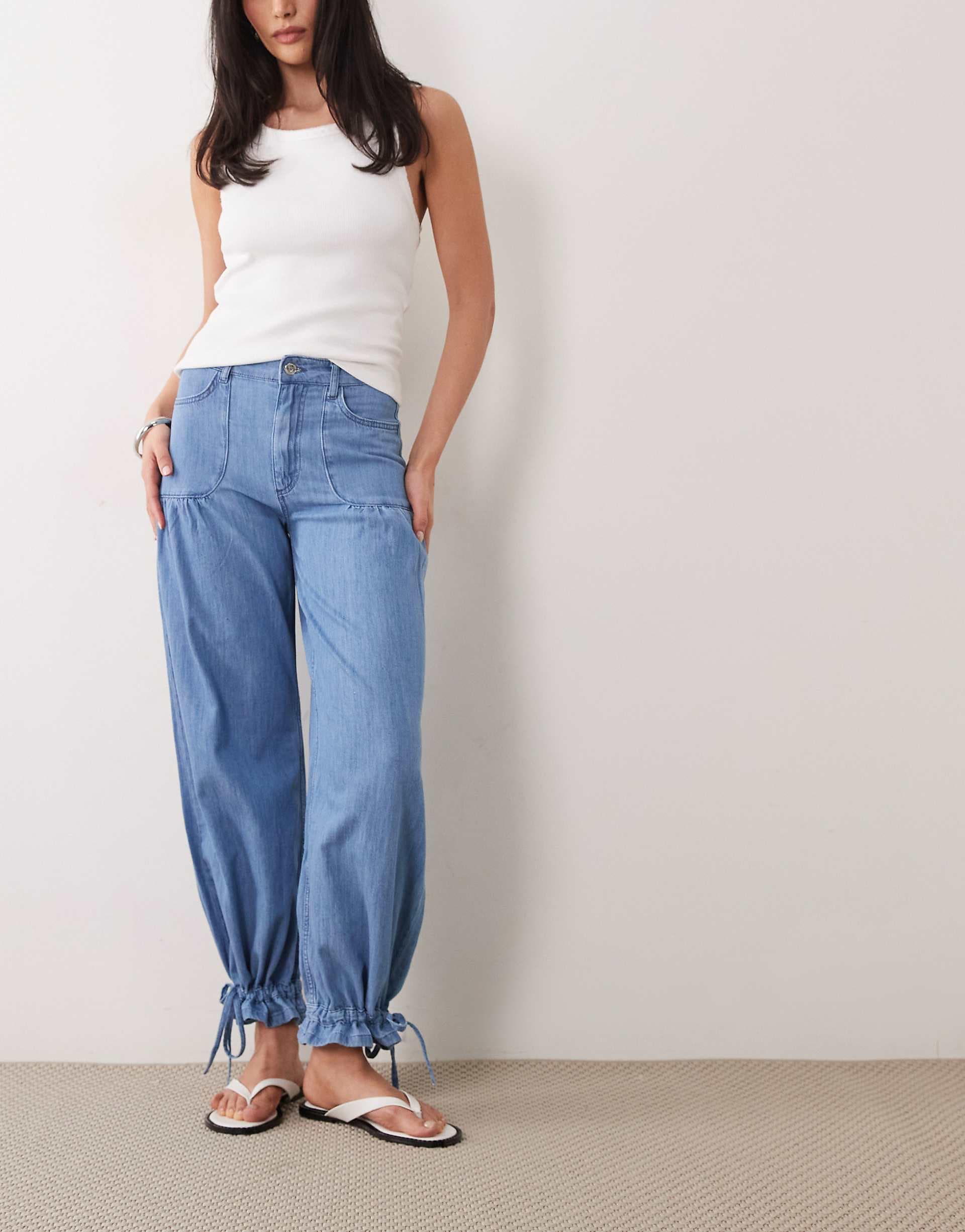 Miss Selfridge balloon cuffed jeans in mid blue wash