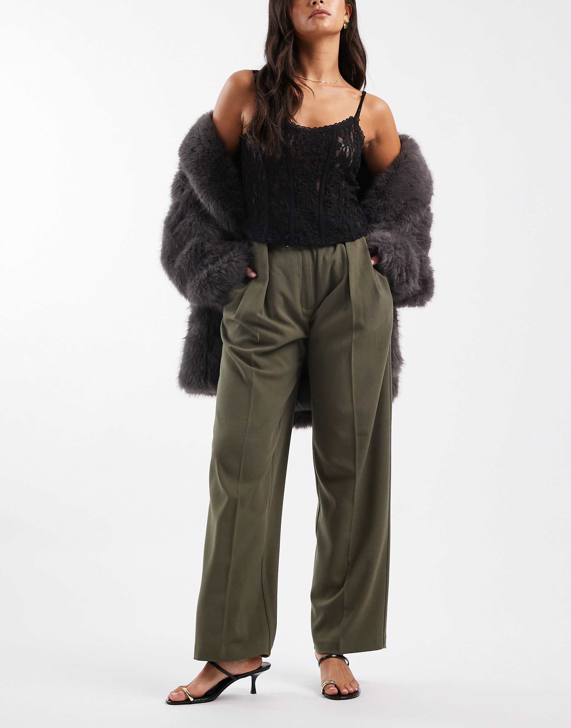 ASOS DESIGN tailored high waist belted straight leg pants in khaki green