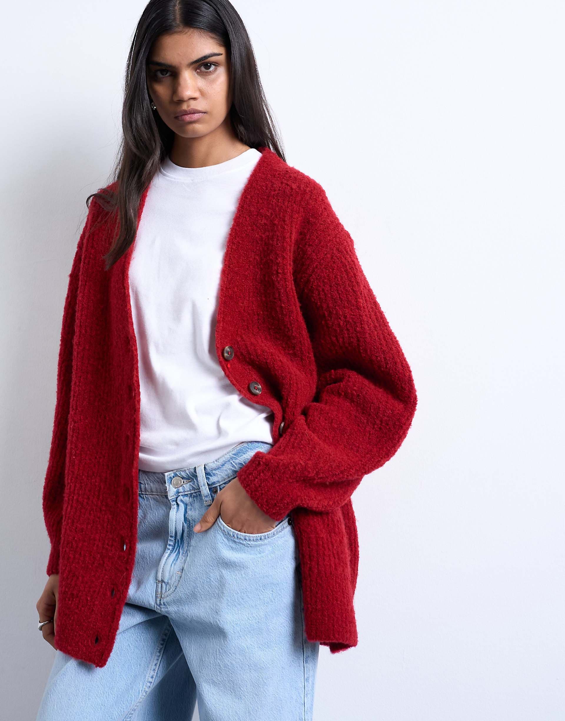 Topshop oversized ultimate boyfriend knit cardigan in red