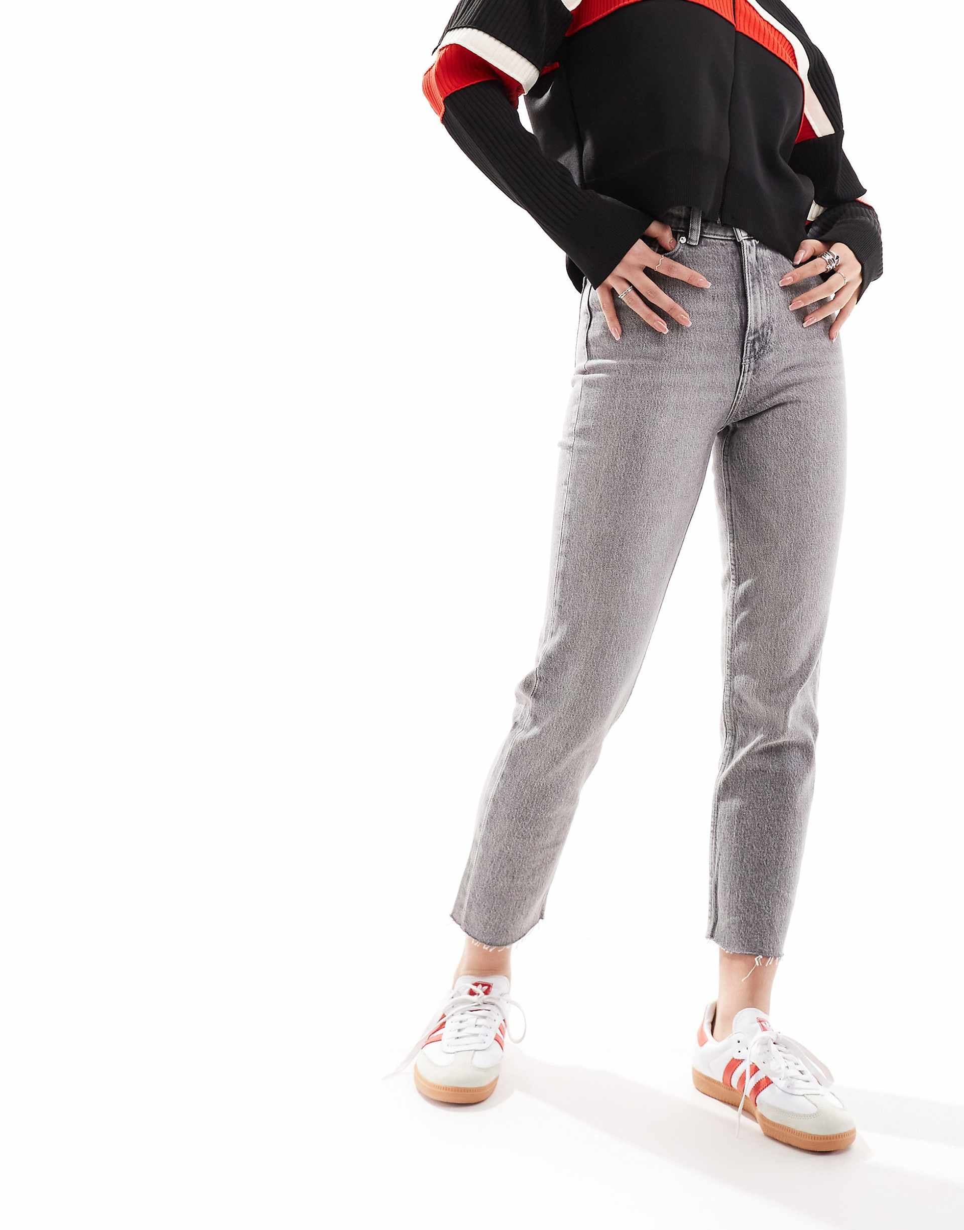 Only Emily high waisted straight leg jeans with raw hem in gray