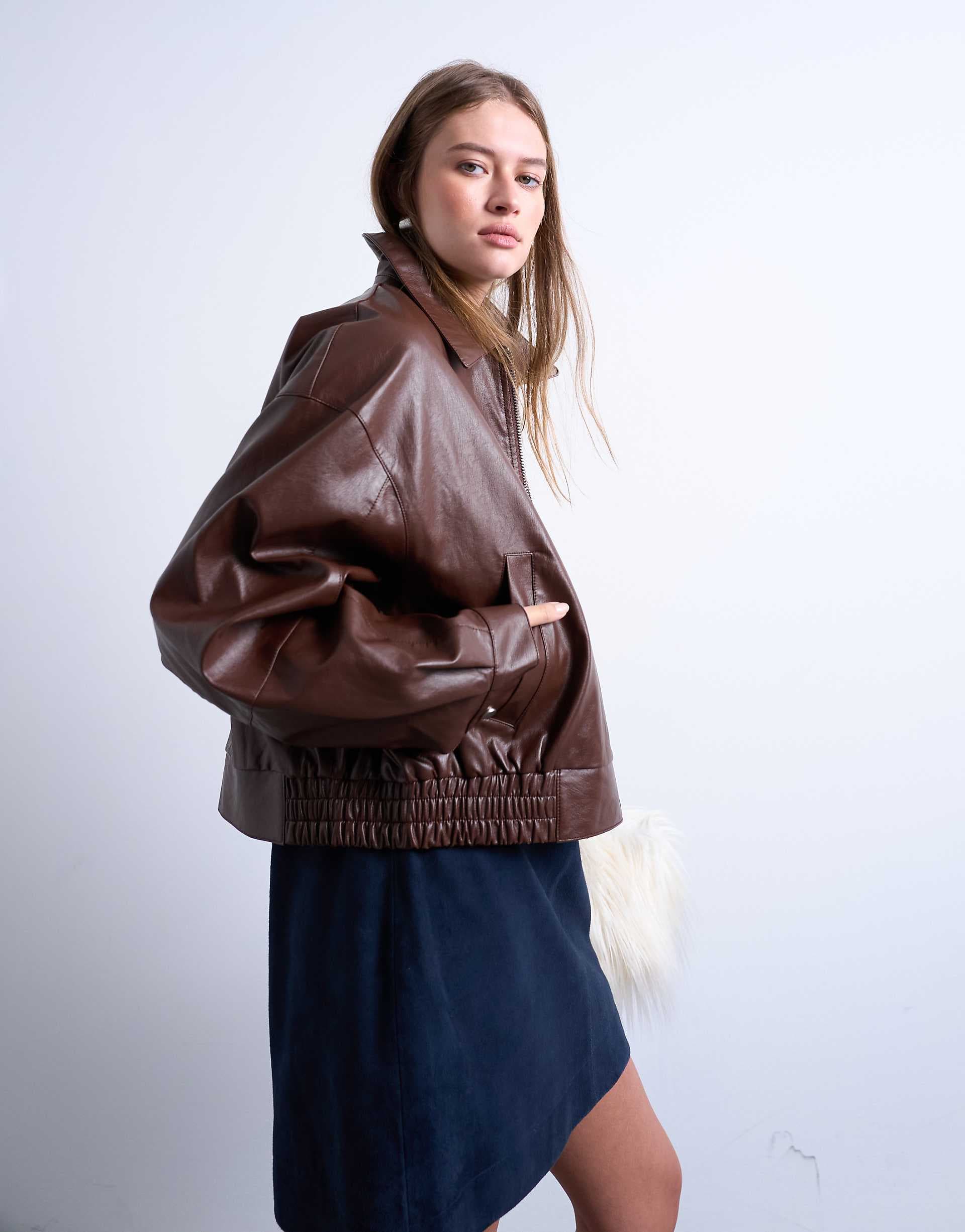 Topshop oversized faux leather dropped shoulders cropped zip up jacket in chocolate