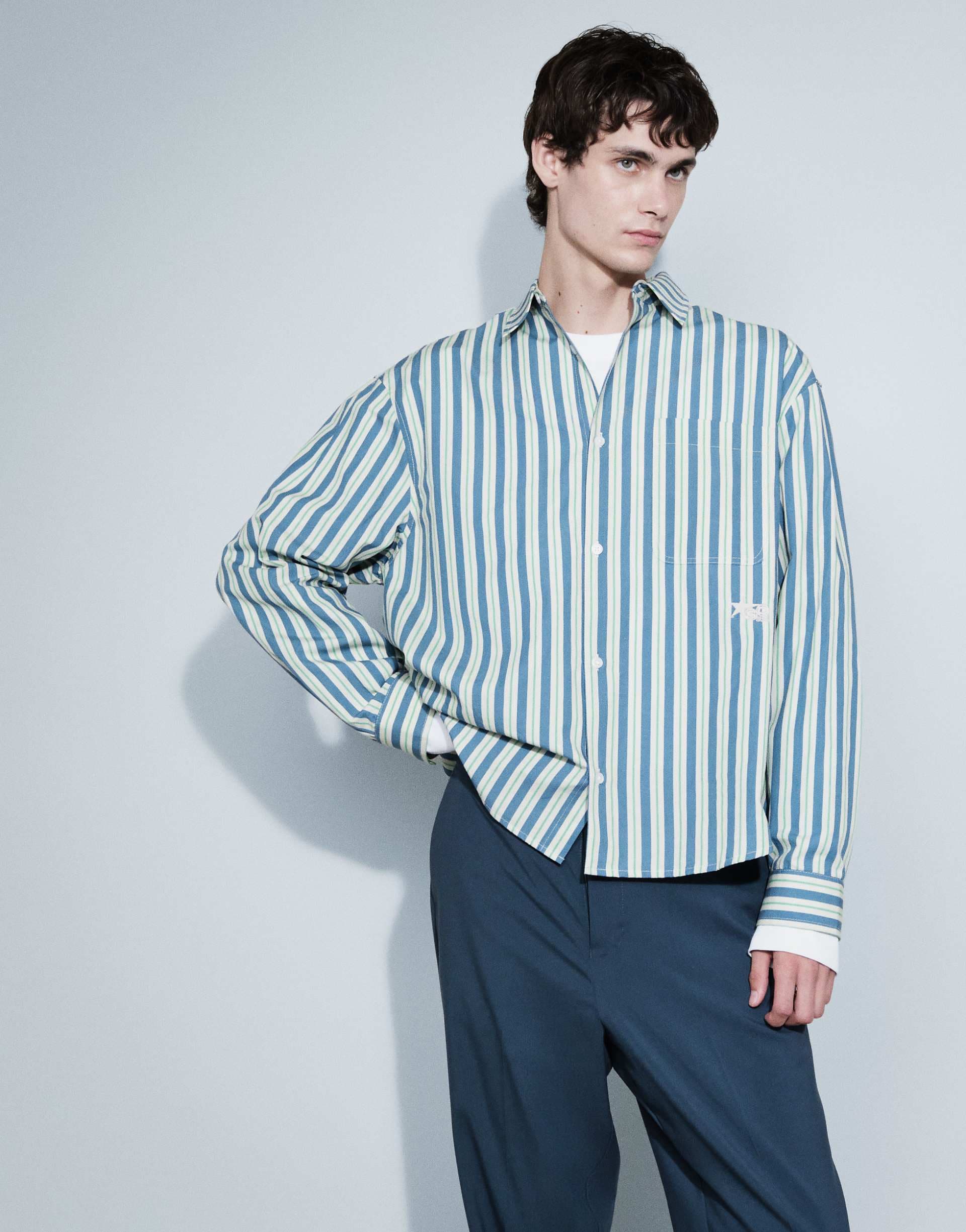 ASOS DESIGN oversized poplin striped shirt with chest embroidery in blue