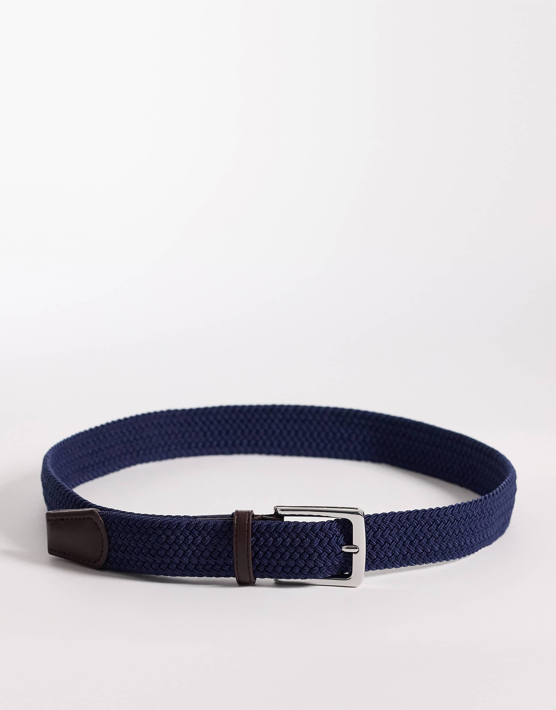 ASOS DESIGN woven belt with faux leather tip in navy