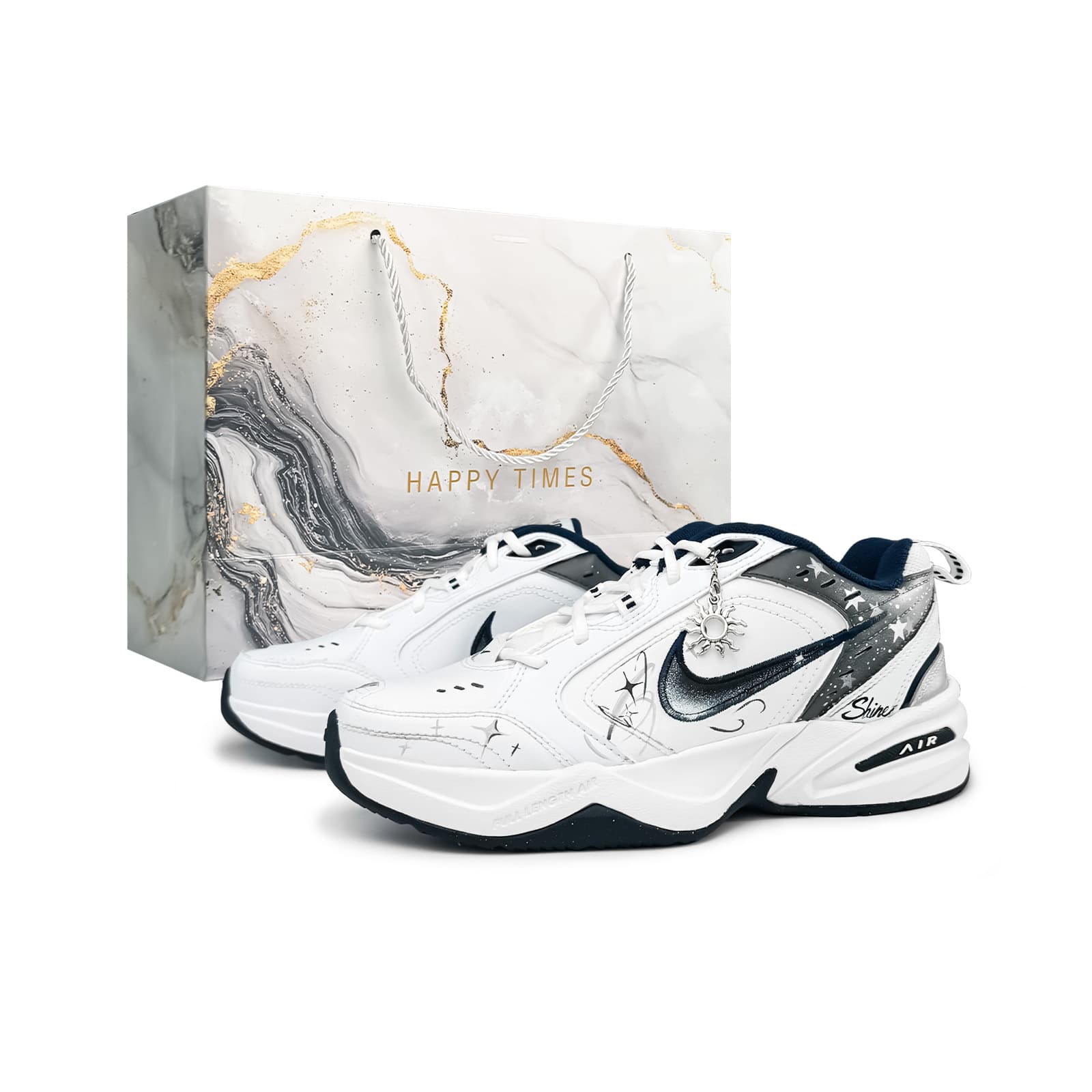 Custom Nike Air Monarch 4 'Crystal Galaxy' Synthetic Leather CNY Year of the Horse Platform Low-Top Dad Shoes Unisex White Grey