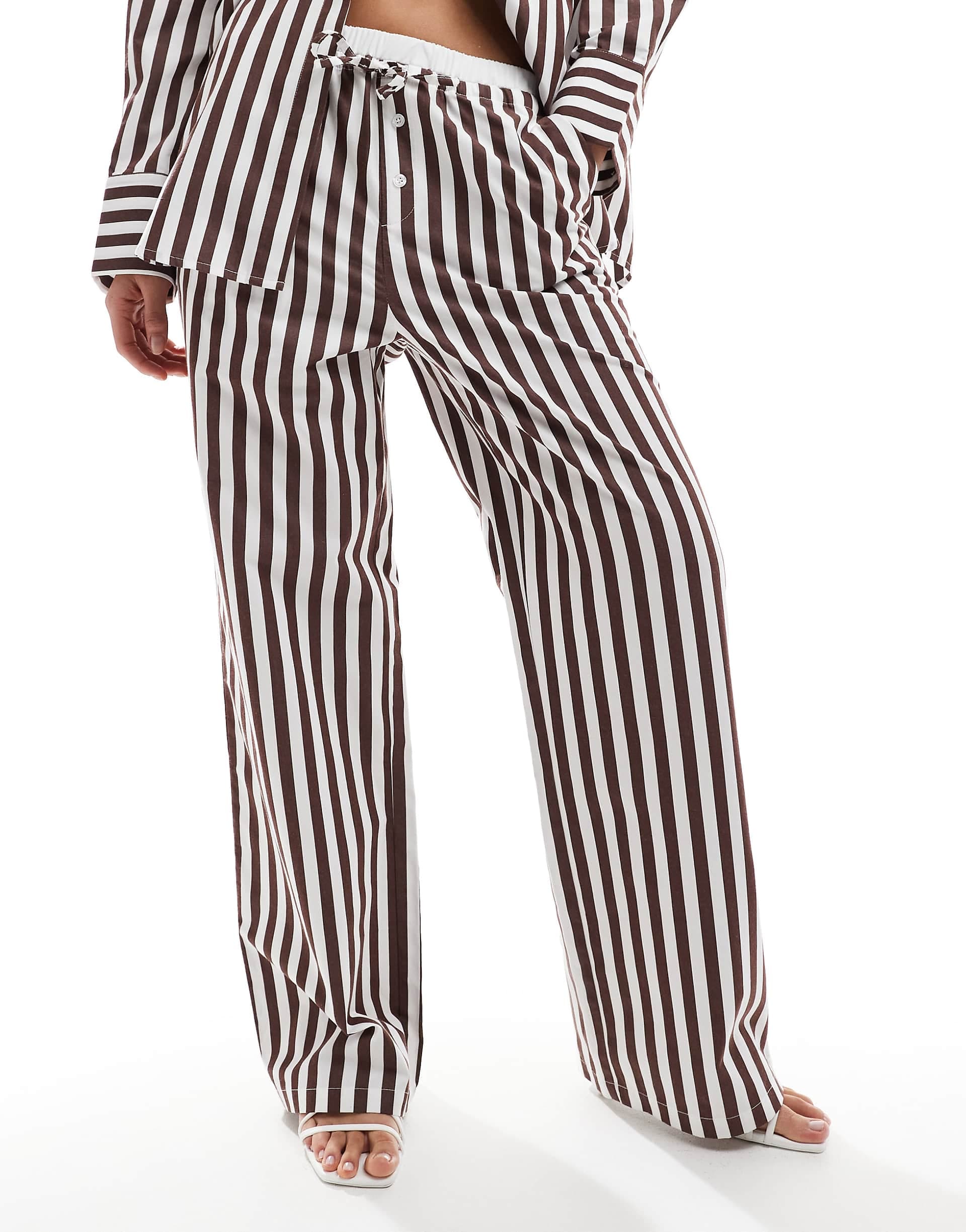 4th & Reckless cotton wide leg boxer detail tie waist pants in brown stripe - part of a set