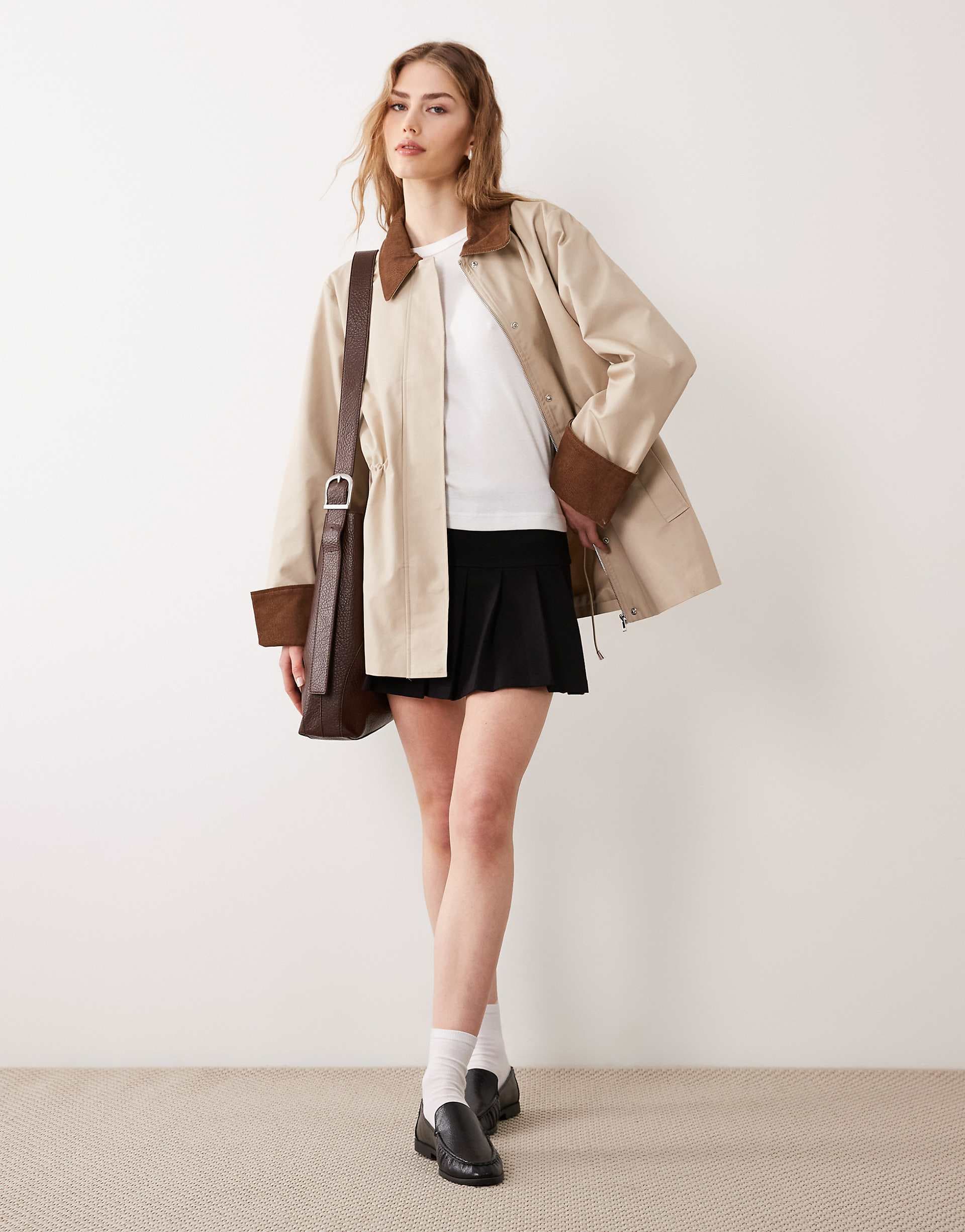 YAS corduroy trim twill barn jacket in oxford beige