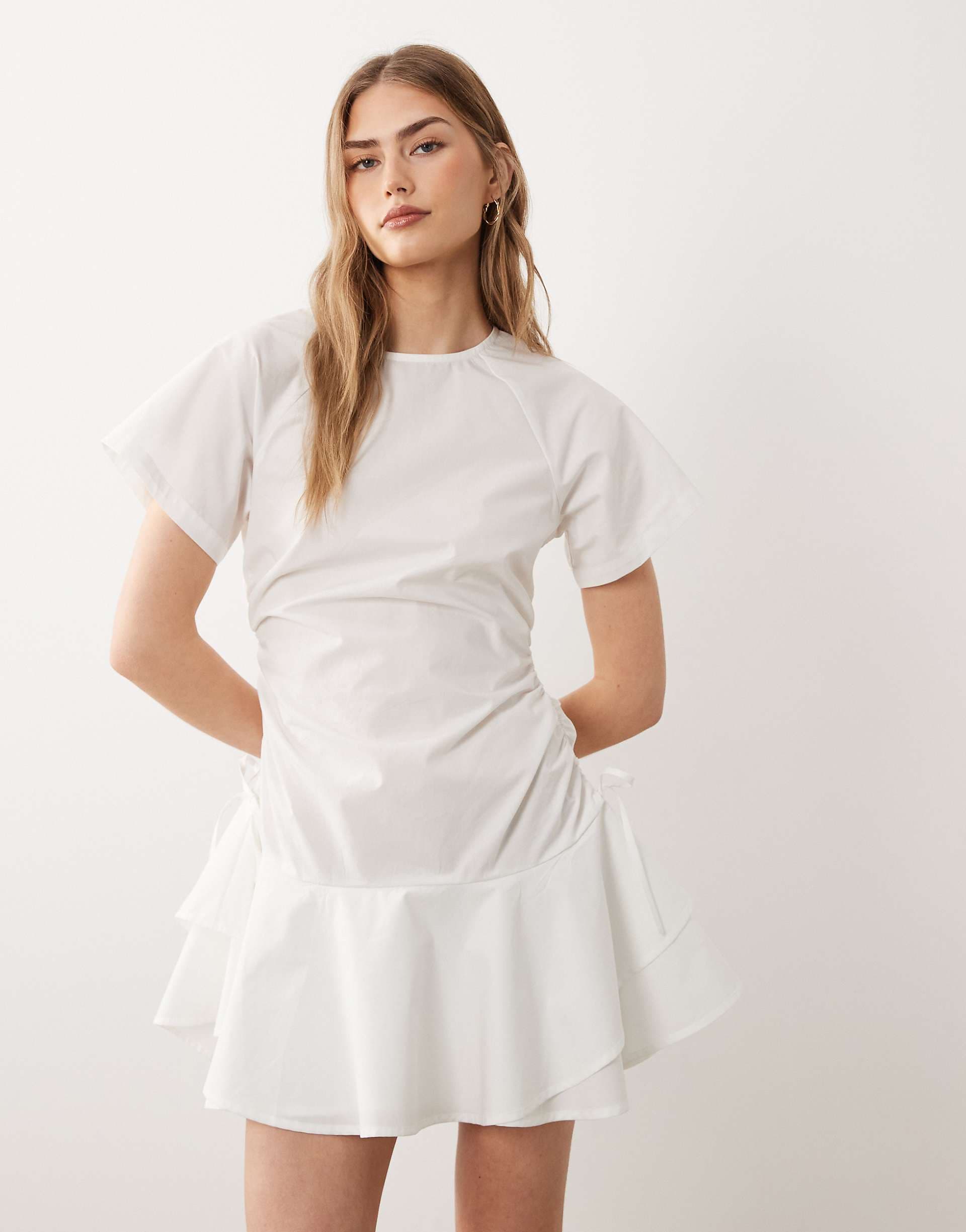 ASOS DESIGN poplin short sleeve mini dress with ruched tie waist detail in white