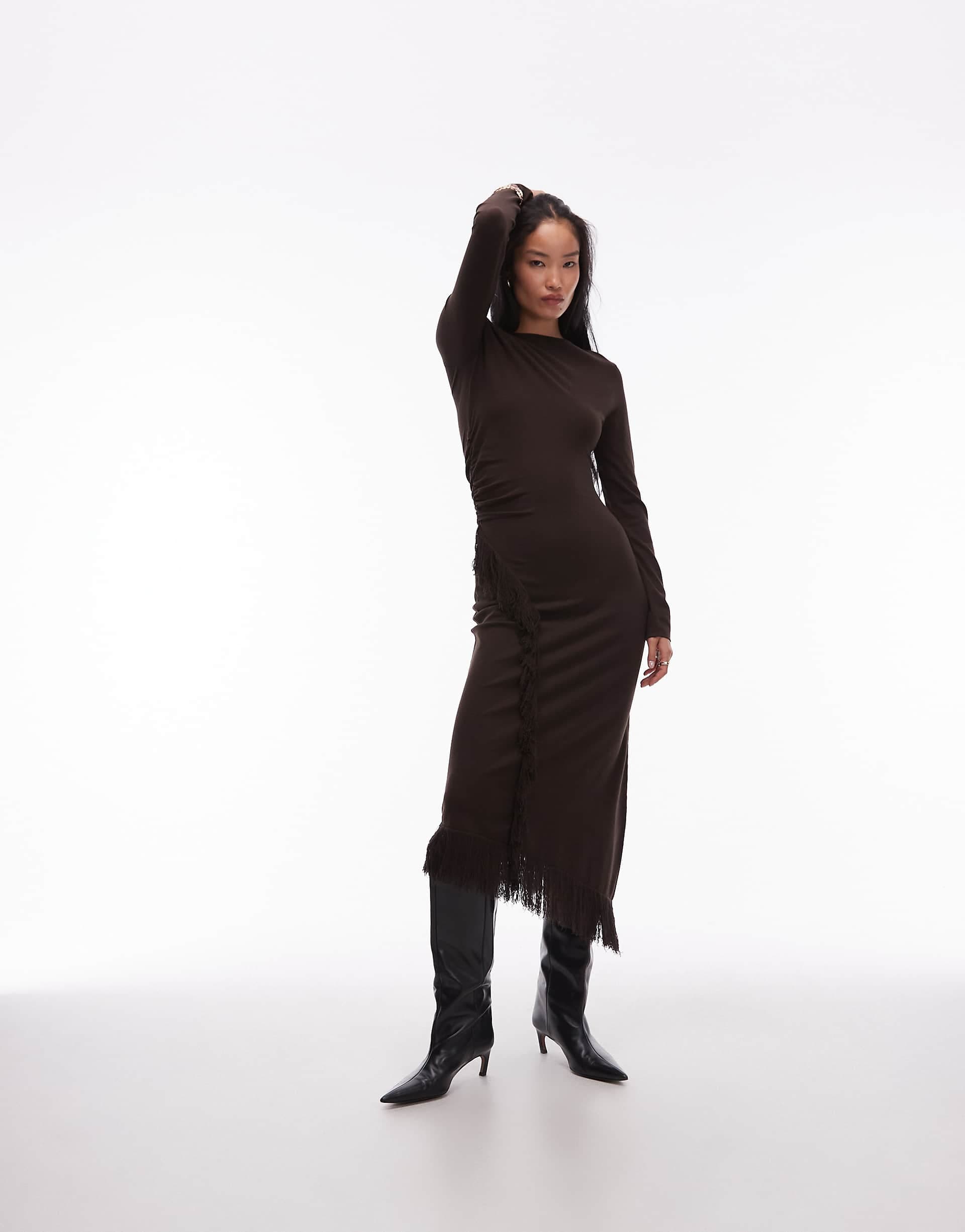 & Other Stories midaxi dress with fringe wrap asymmetric hem in dark brown