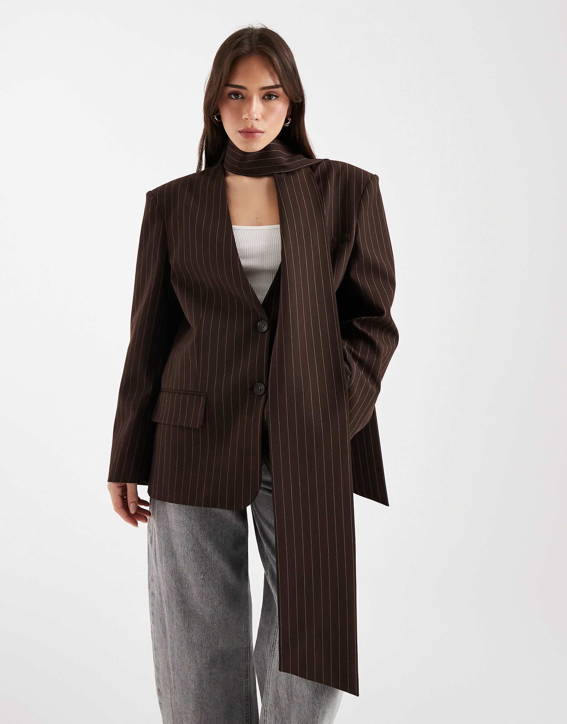 ASOS DESIGN oversized scarf blazer in chocolate-brown pinstripes