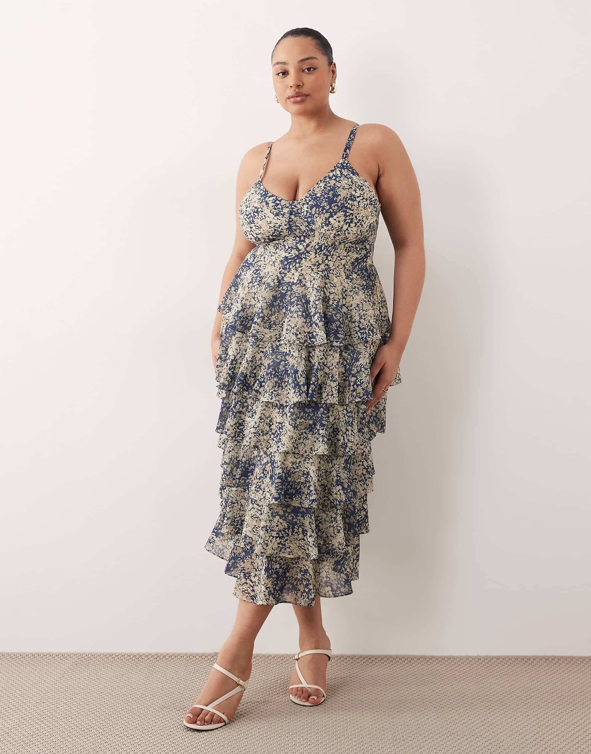 Pretty Lavish Curve ruffle midaxi dress in navy abstract print