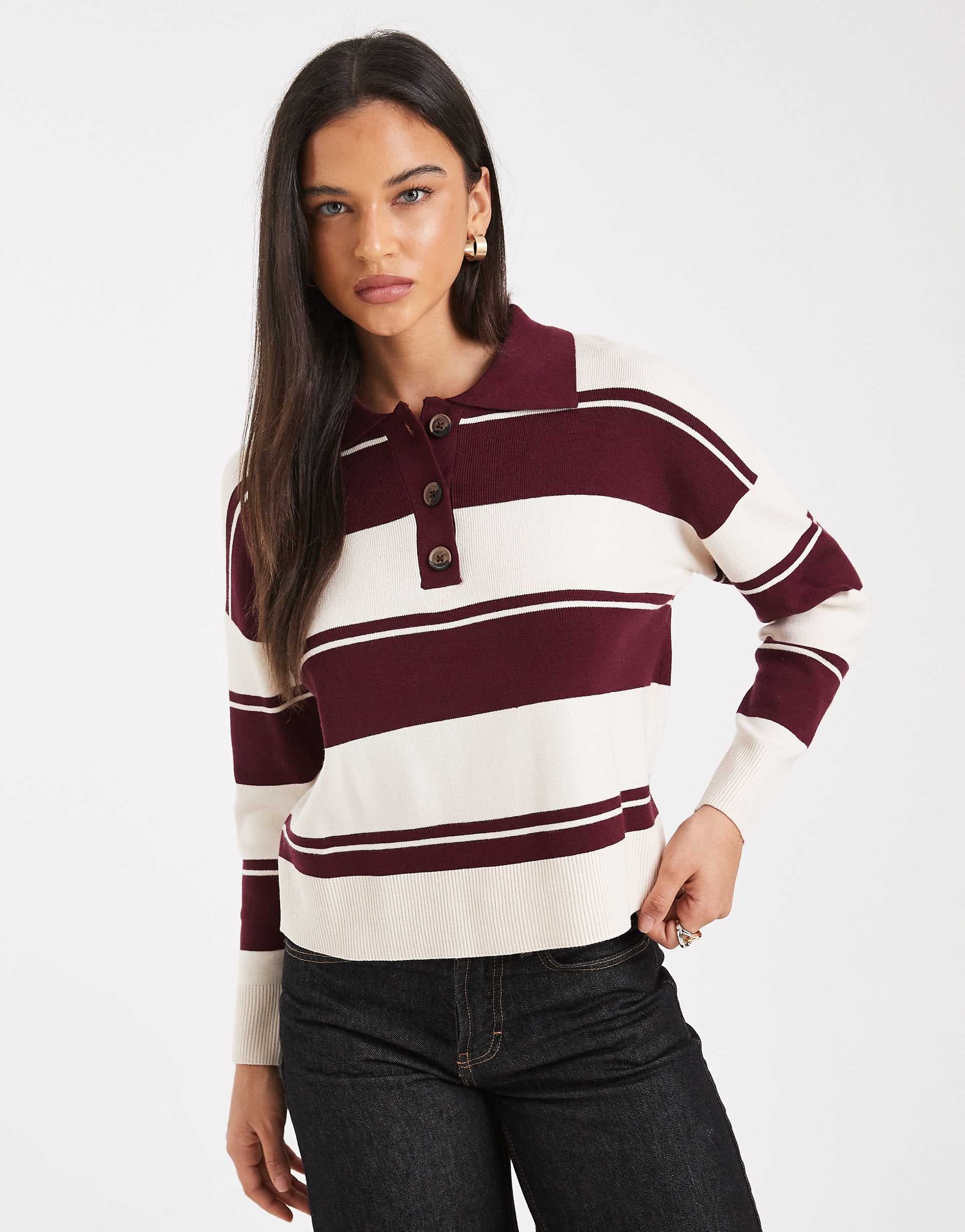 Brave Soul rugby knit polo sweater in burgundy and ivory stripe