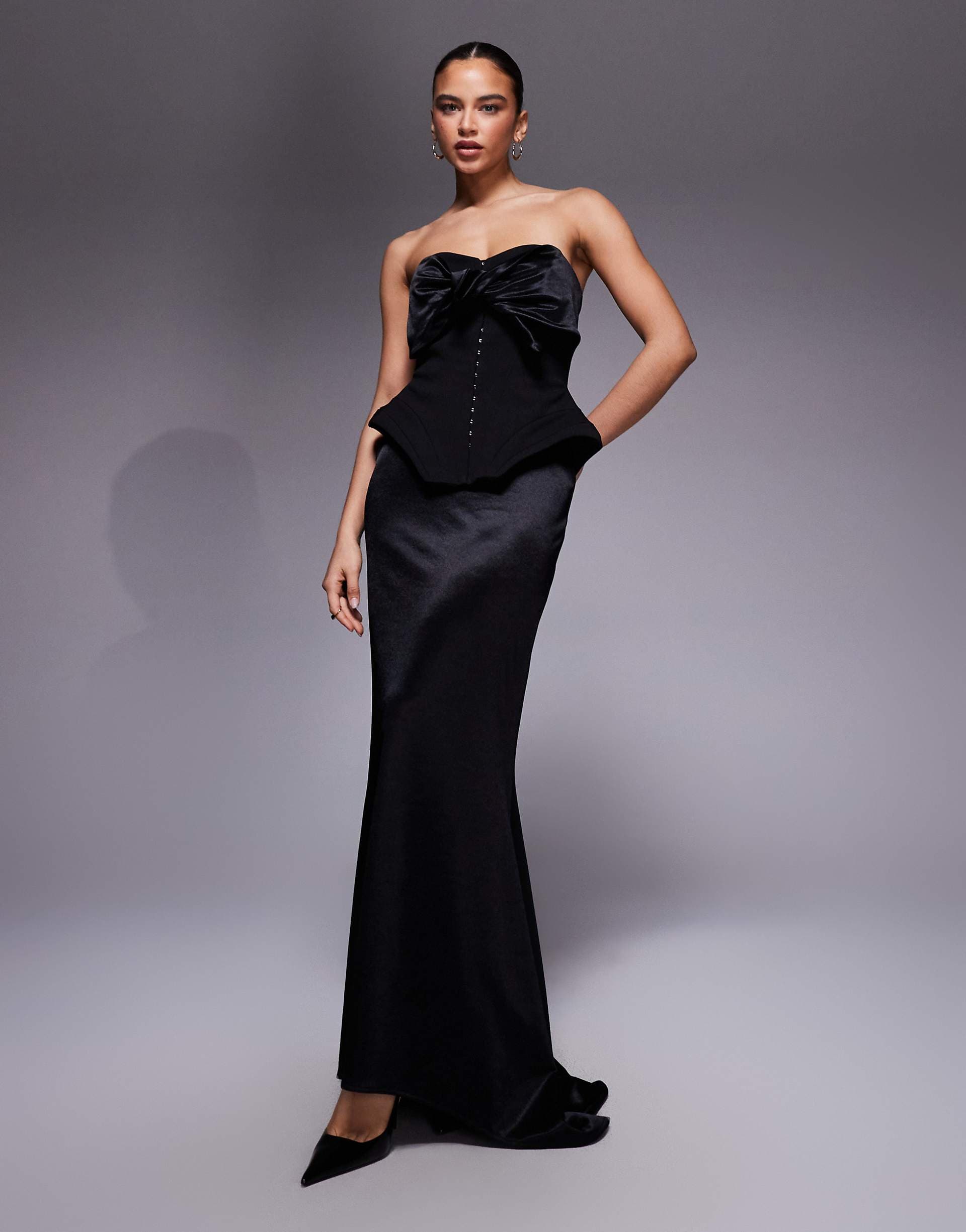 ASOS DESIGN Premium knotted bandeau maxi dress with corsetry detailing in black