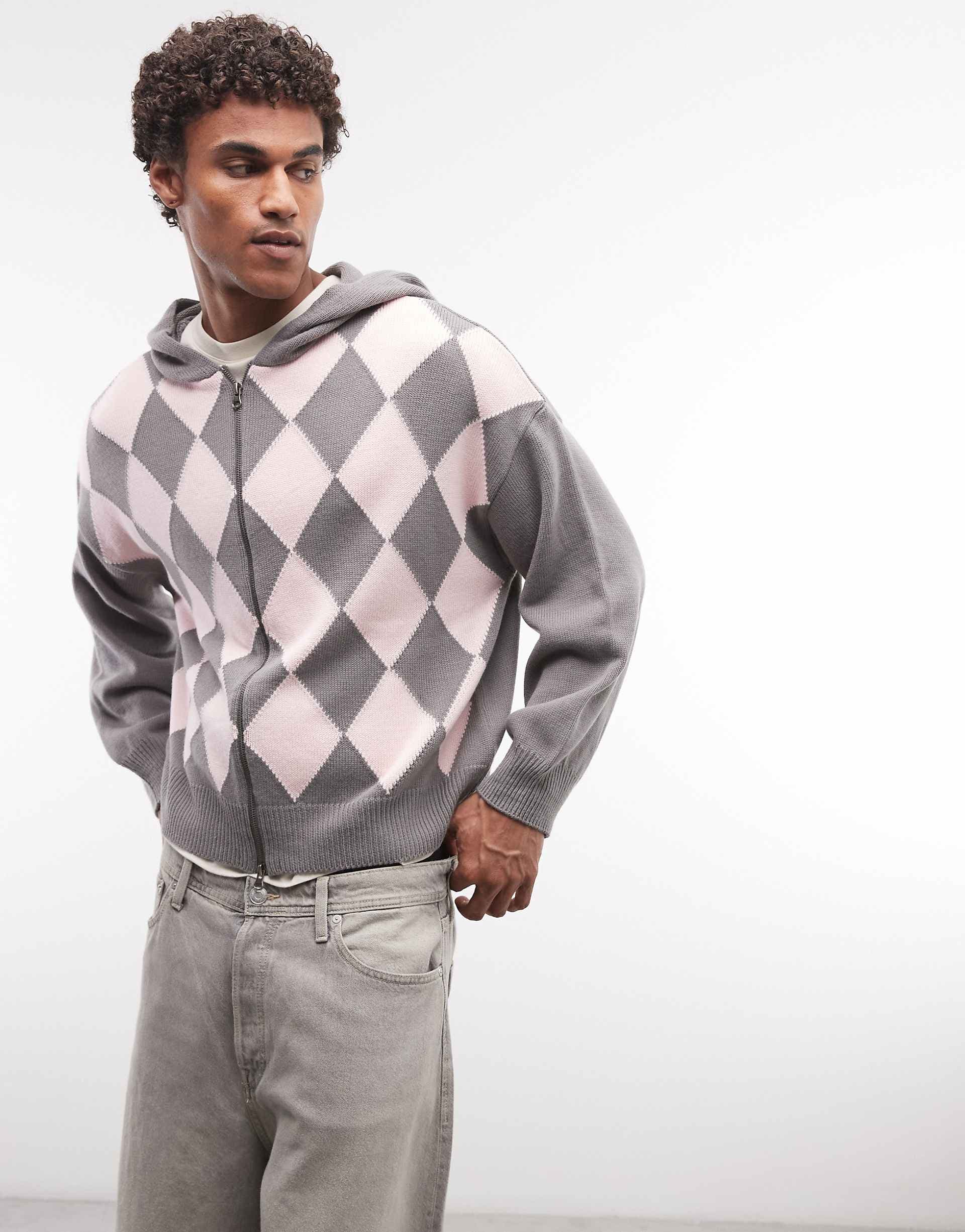 COLLUSION arygle knit hoodie in gray