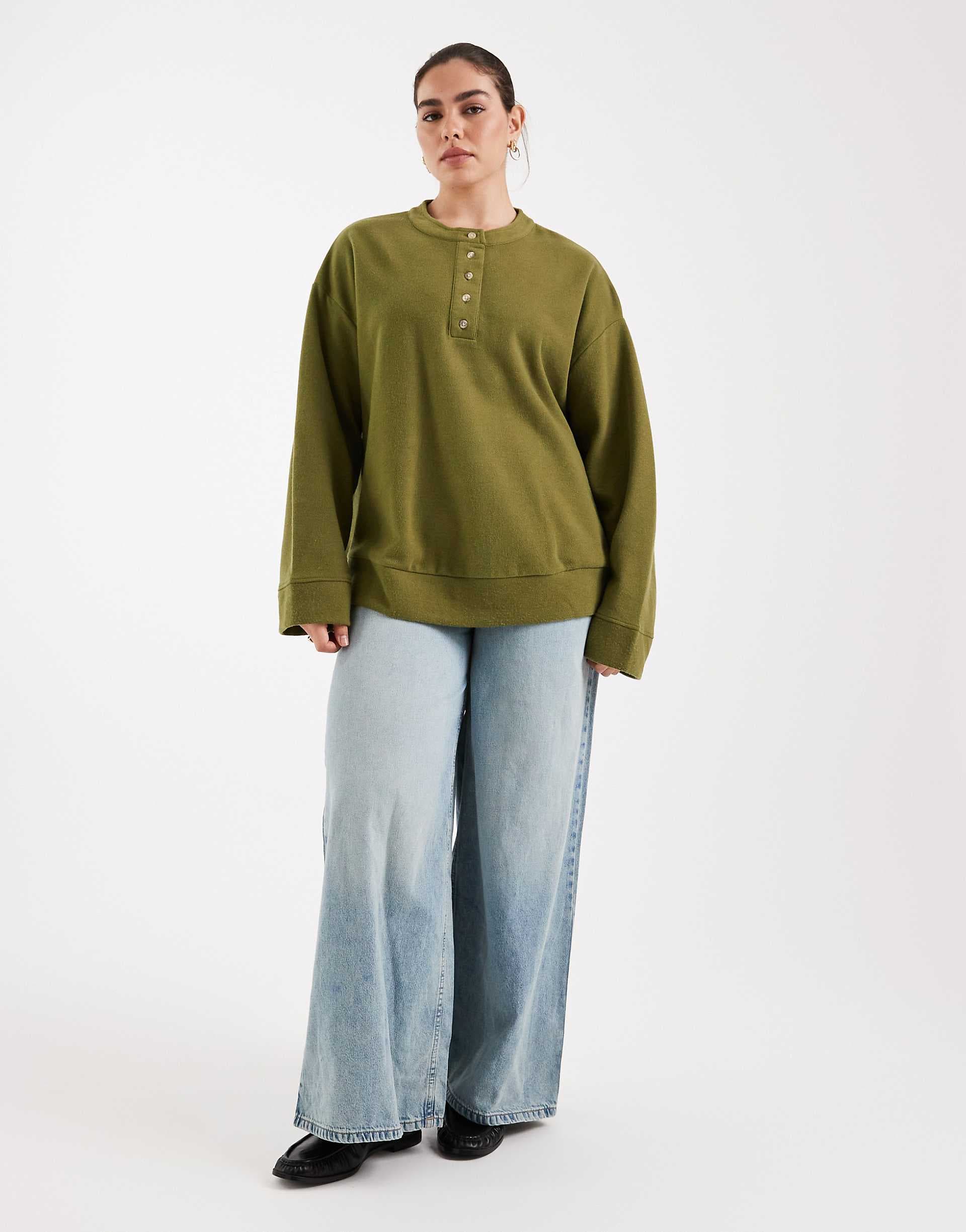 ASOS DESIN Curve Supersoft oversized henley sweater in khaki