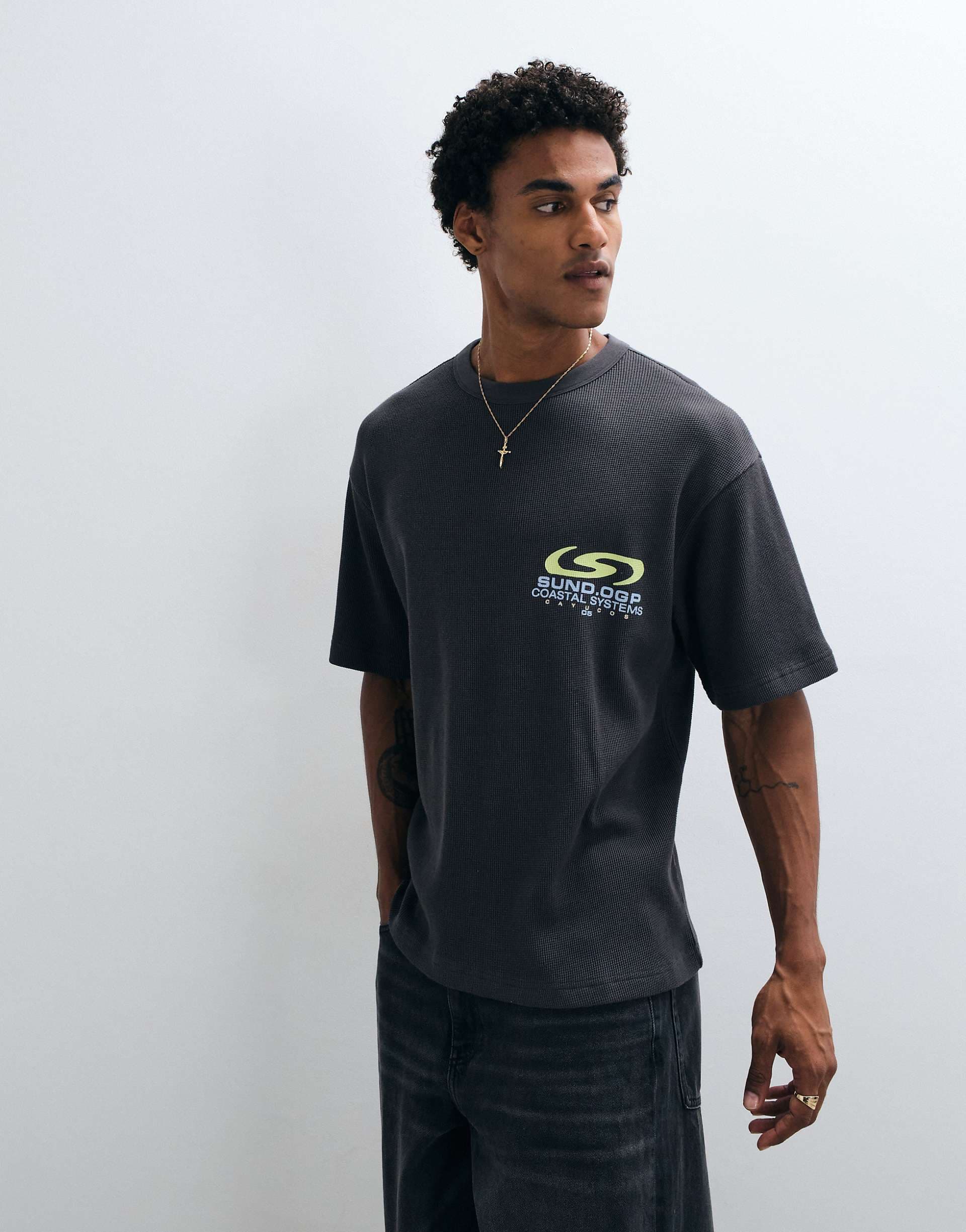 ASOS DESIGN relaxed T-shirt with chest graphic in gray waffle fabric