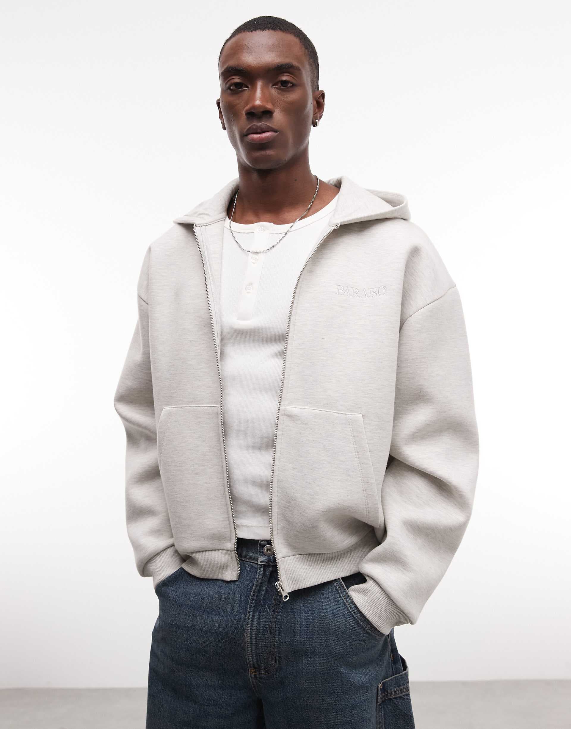 ASOS DESIGN oversized boxy zip up hoodie with tonal embroidery in heathered ice gray scuba-style fabric