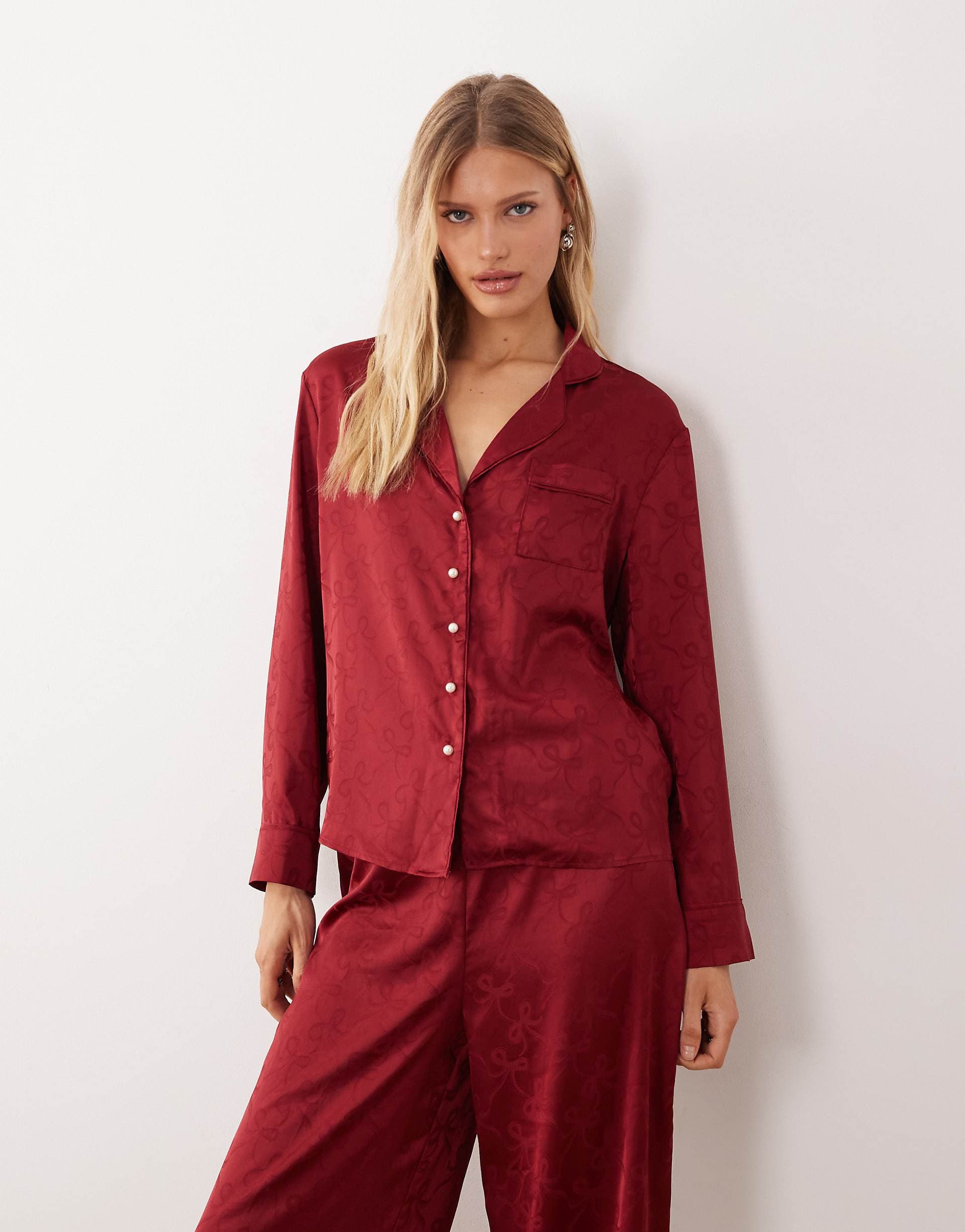 Sister Jane Dita satin pajama shirt in red bow print - part of a set