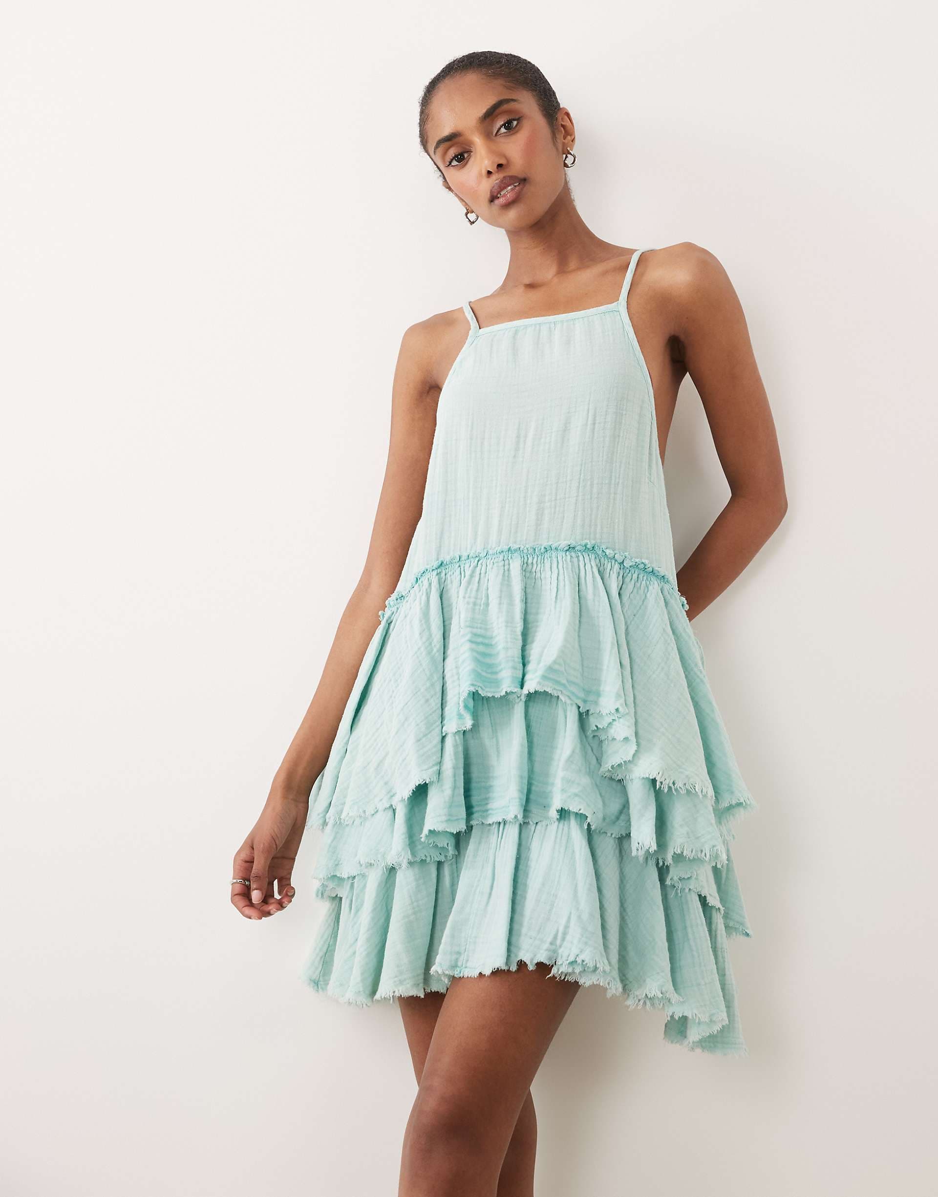 ASOS DESIGN double cloth washed mini sundress with distressed ruffles in washed ocean blue