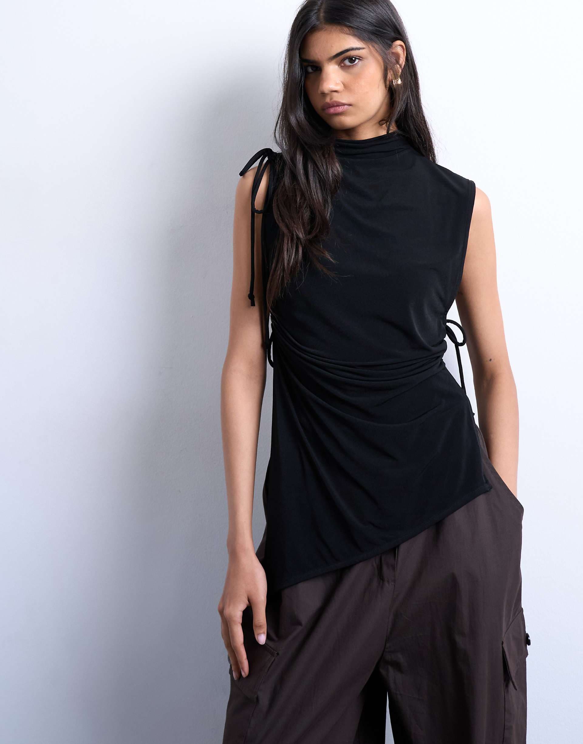 Topshop high neck ruched channel tunic top in black