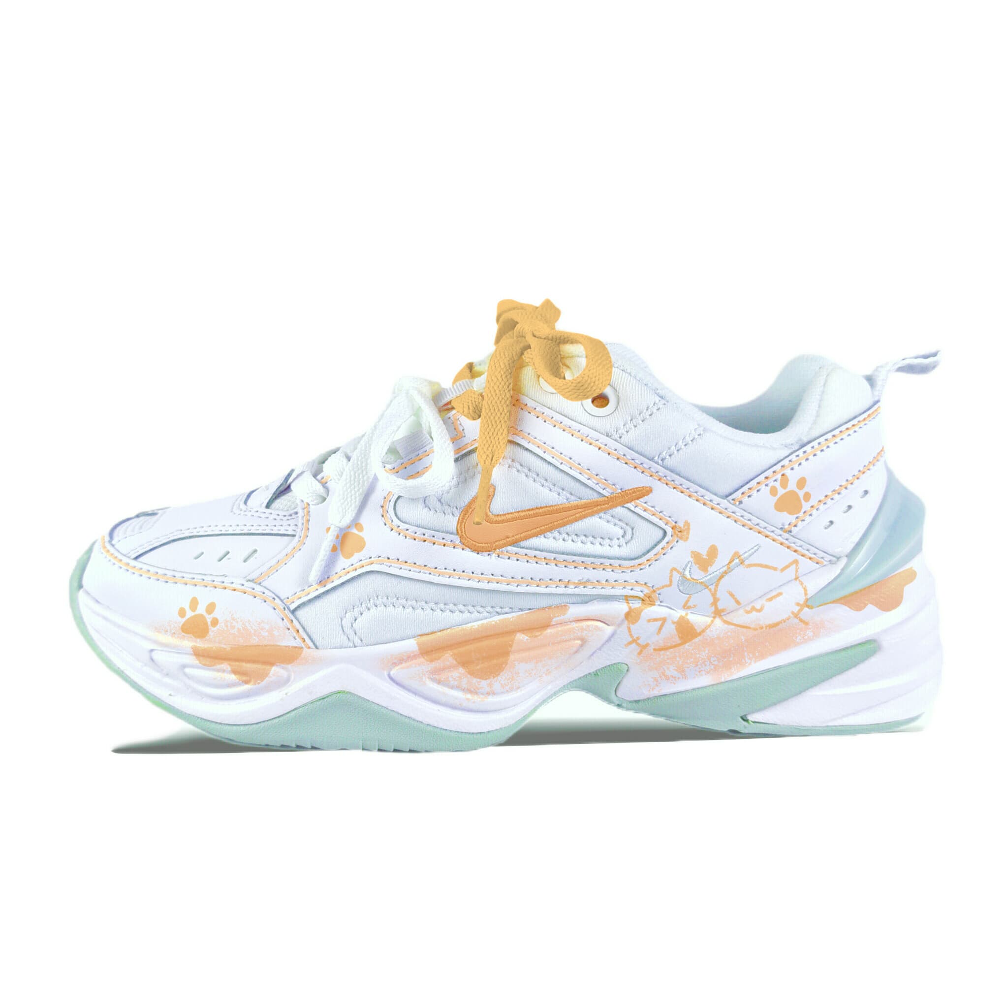 Custom Sneakers: Nike M2K Tekno Line Cat Yellow Fresh Hand-Drawn Graffiti Retro Vintage Cute Simple Niche Campus Style Comfort Versatile Wear-Resistant Breathable Low-Top Dad Shoes Women's White Orange
