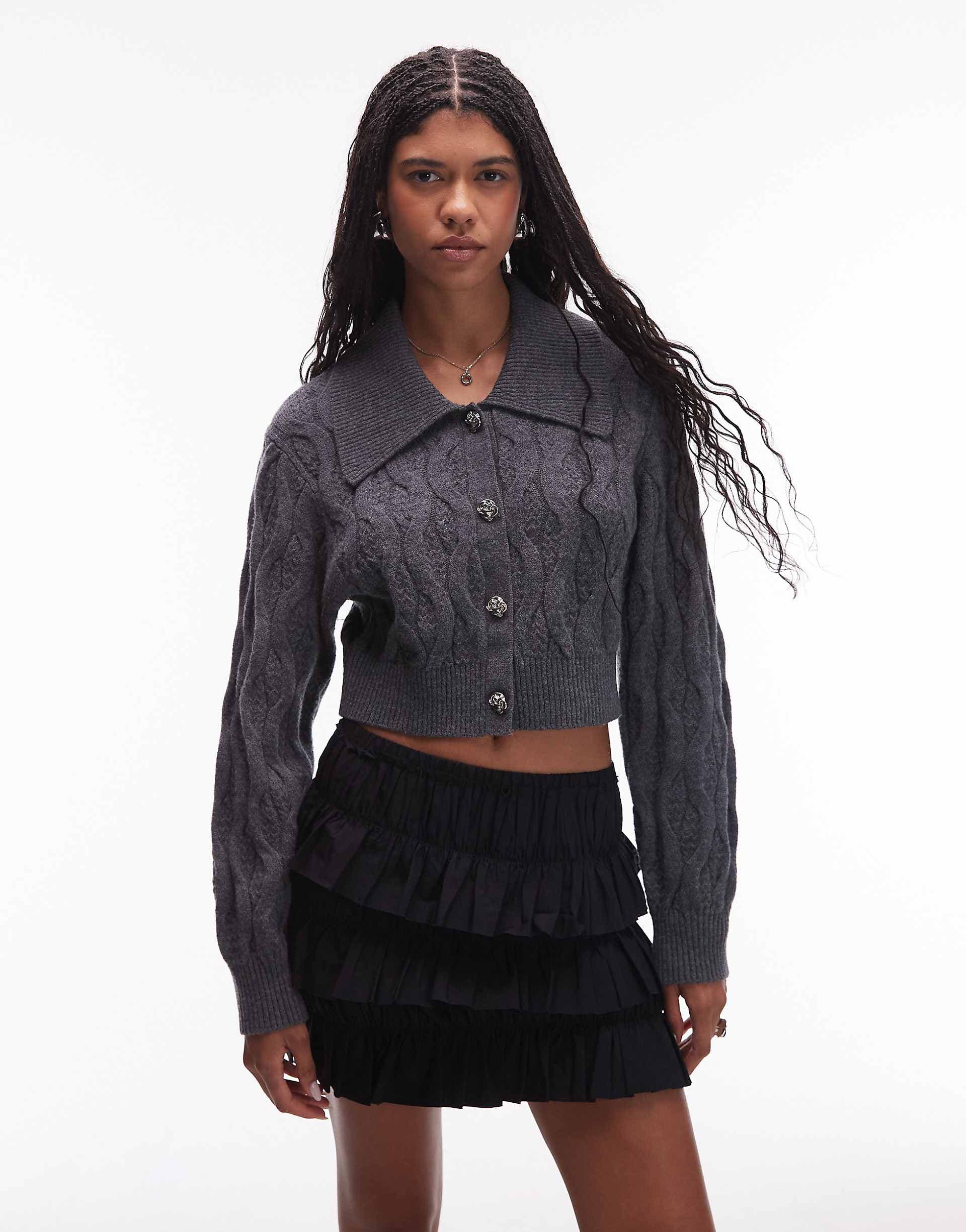 & Other Stories cable knit cardigan with collar and button front in gray