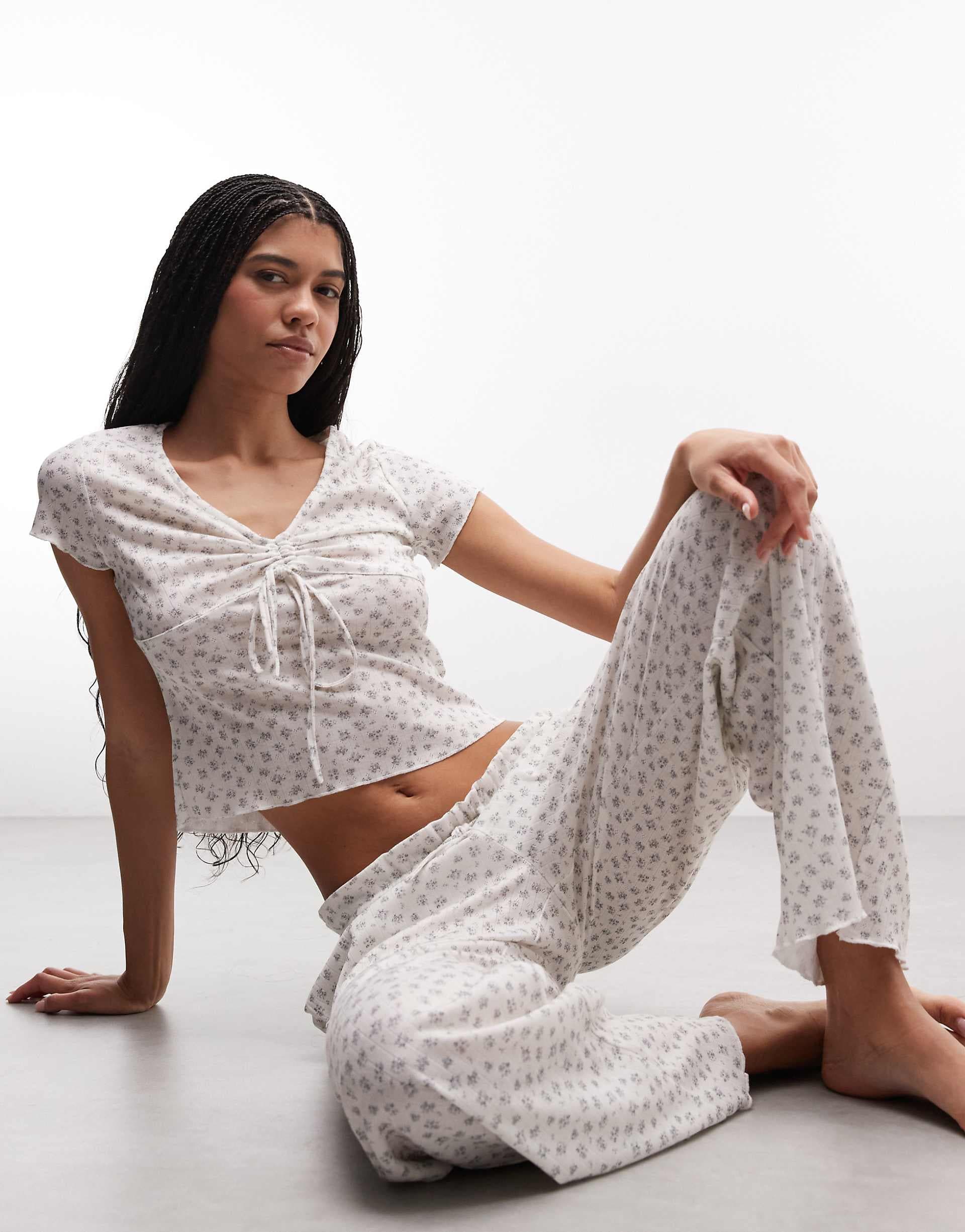 Daisy Street pajama tie front top and bottoms in ditsy floral