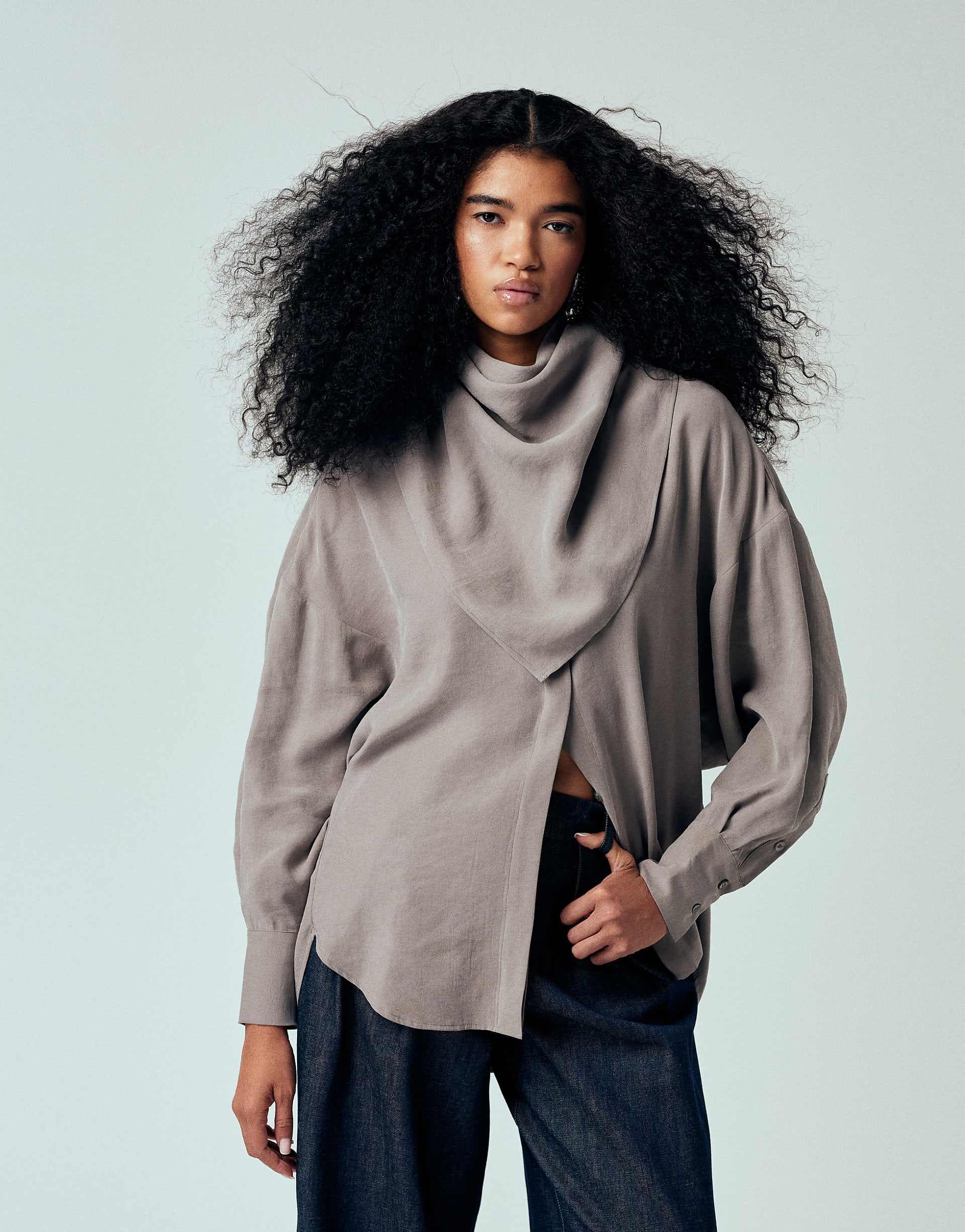 ASOS DESIGN modal batwing sleeves oversized shirt with scarf in gray