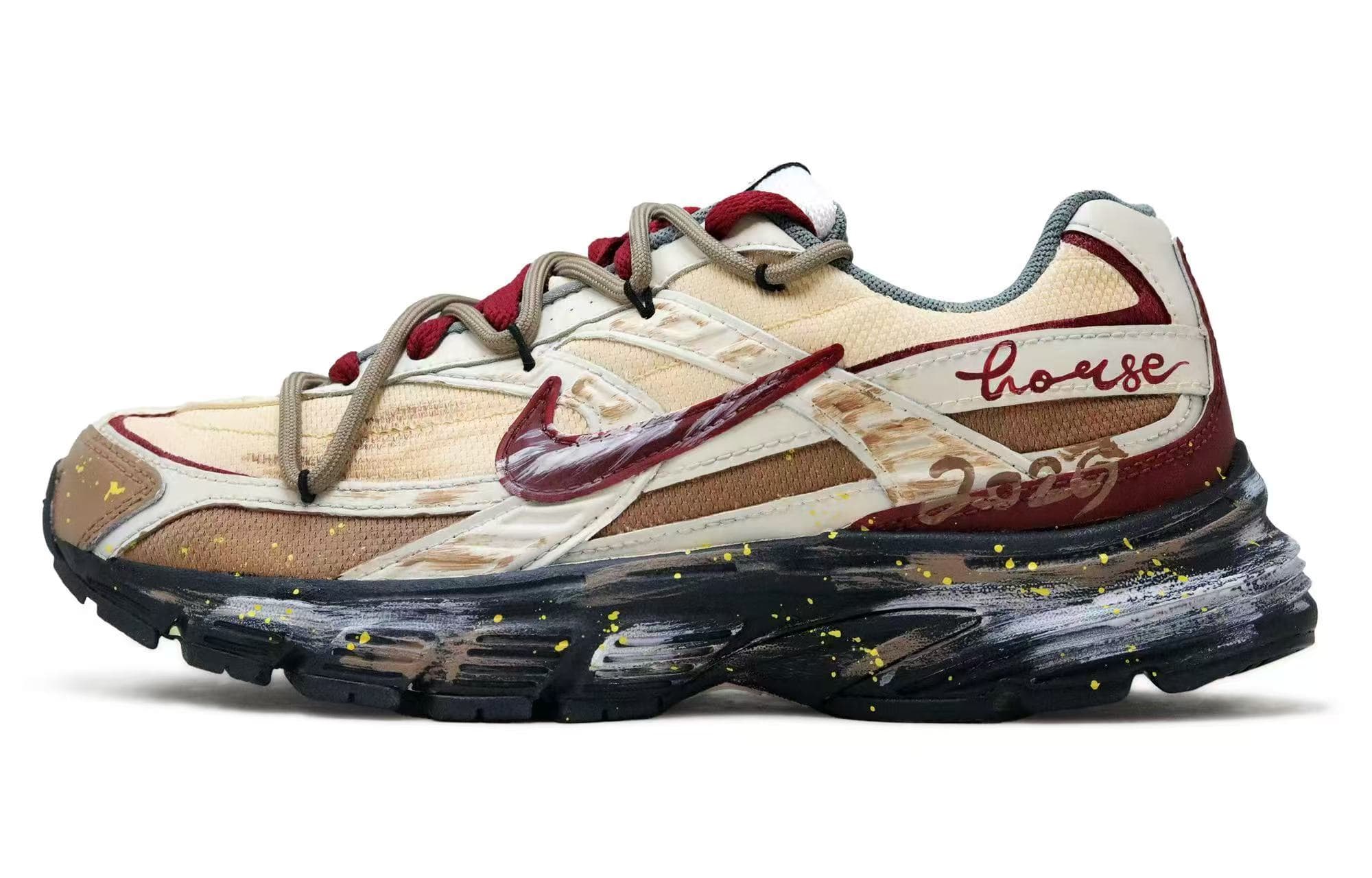 Custom Sneakers: Nike Initiator Yuan Heng Li Zhen Red Gold Dream Shoes Year of the Horse Distressed Retro Splatter Paint Techwear Heavy Duty Street Mesh Leather Low-Top Casual City Commute Running Shoes Men's