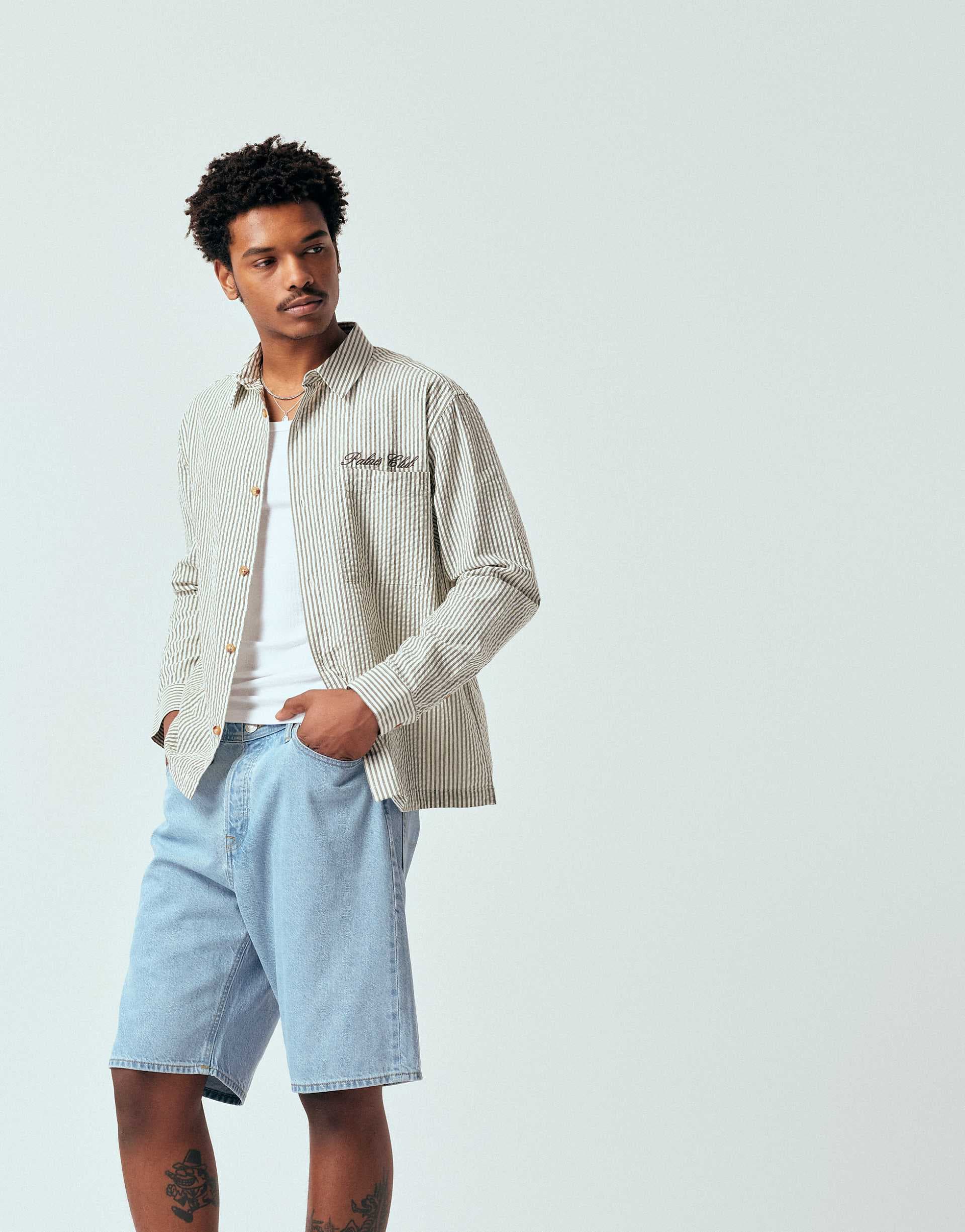 ASOS DESIGN relaxed seersucker striped shirt with chest embroidery in gray