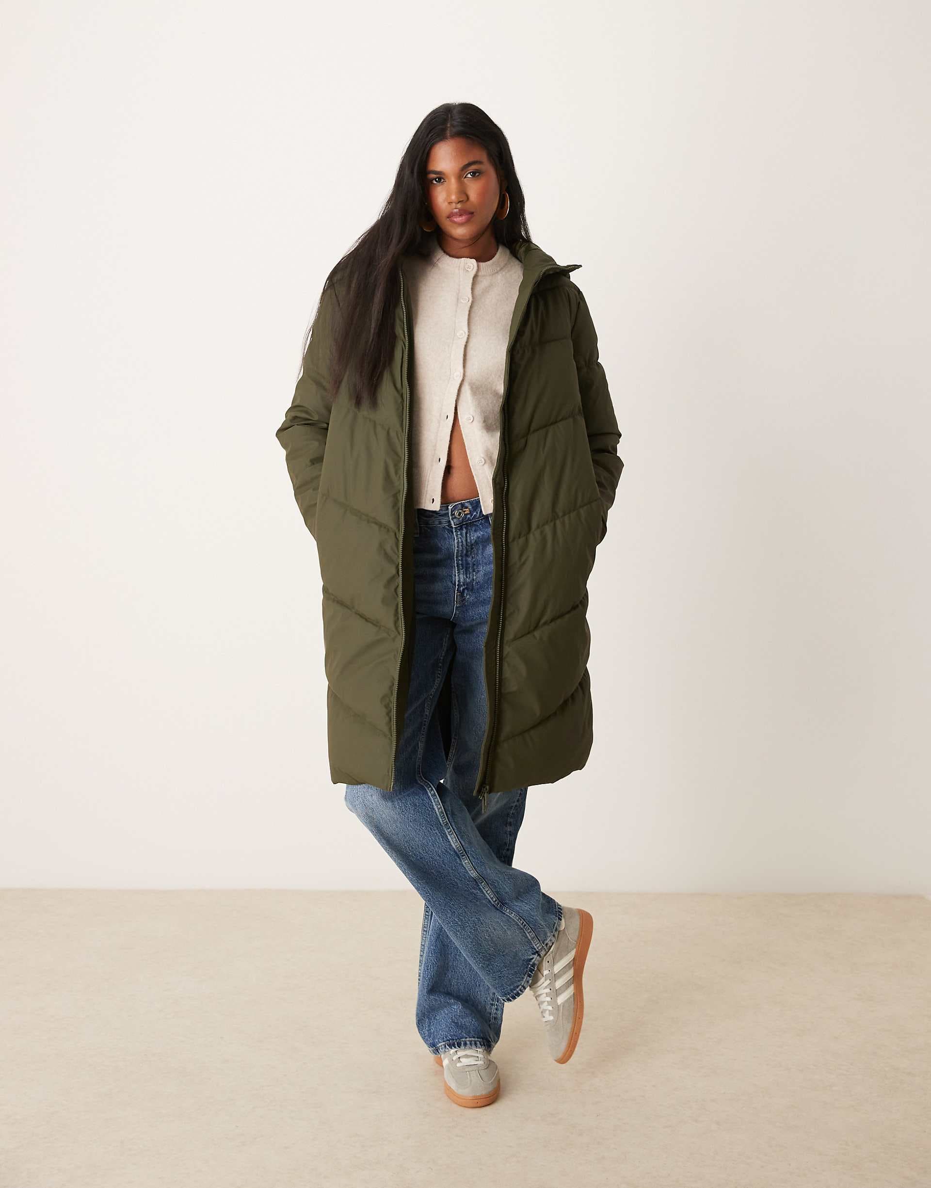 JDY longline water repellent padded coat in dark green