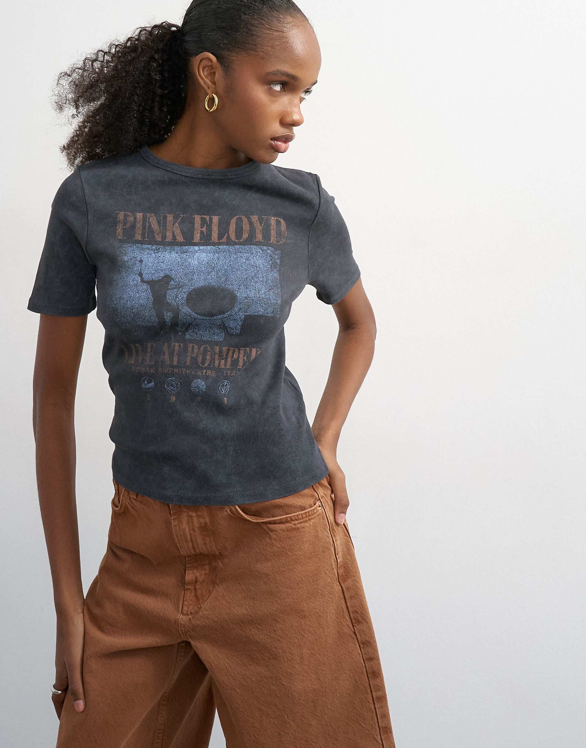 Topshop Pink Floyd licensed shrunken half sleeve tee in washed black