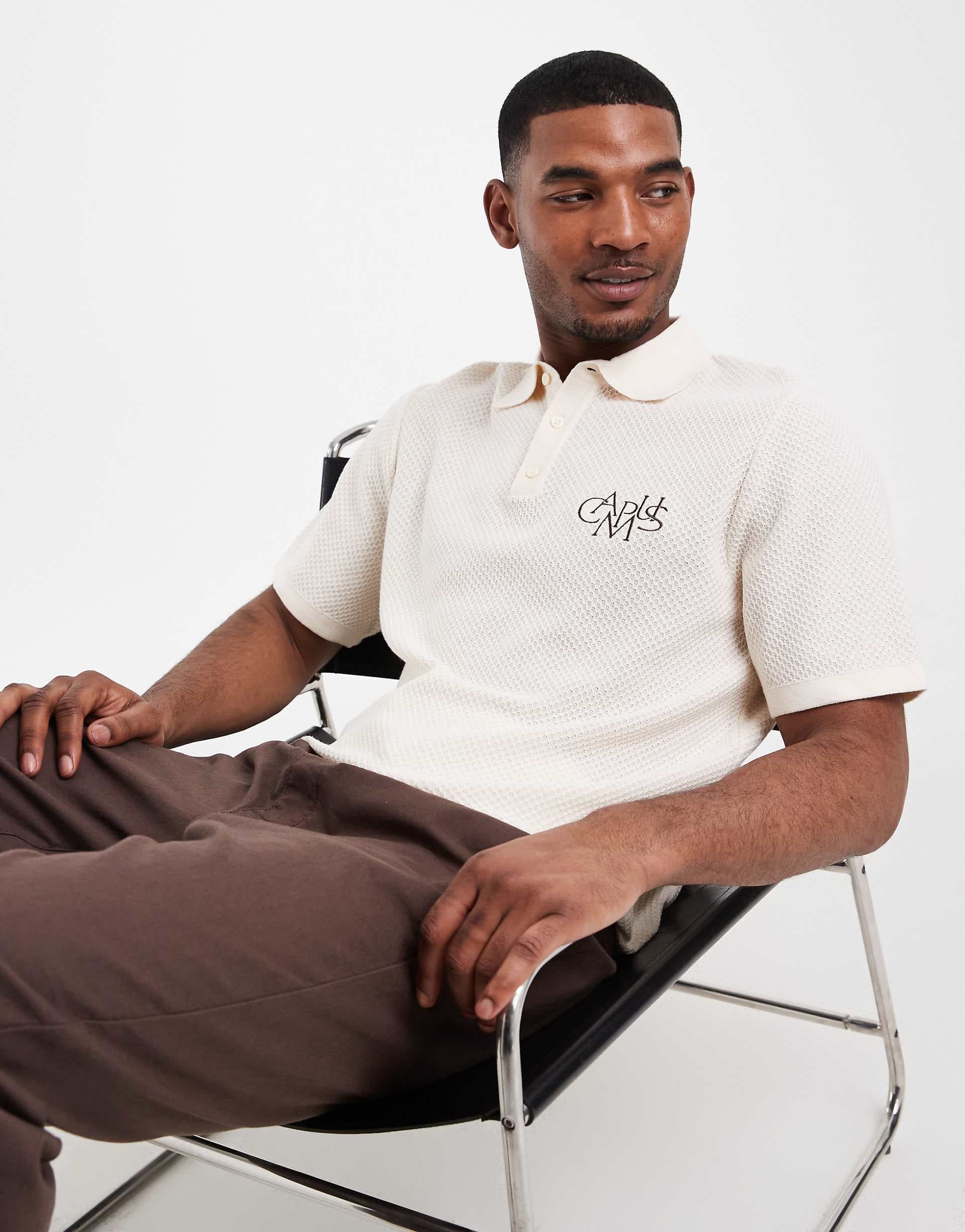 ASOS DESIGN relaxed knit polo shirt with chest embroidery in ecru