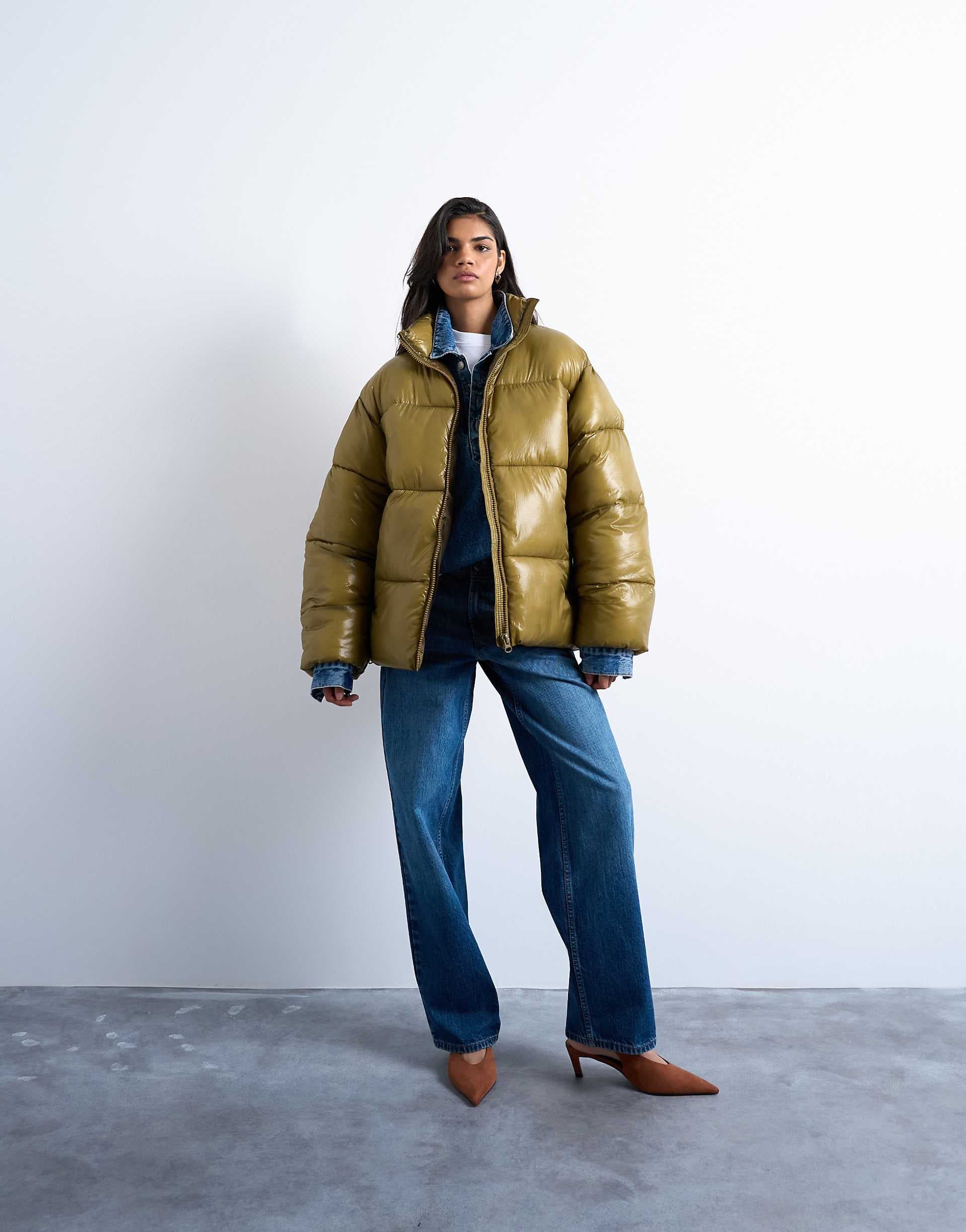 Topshop high shine mid length puffer jacket in khaki