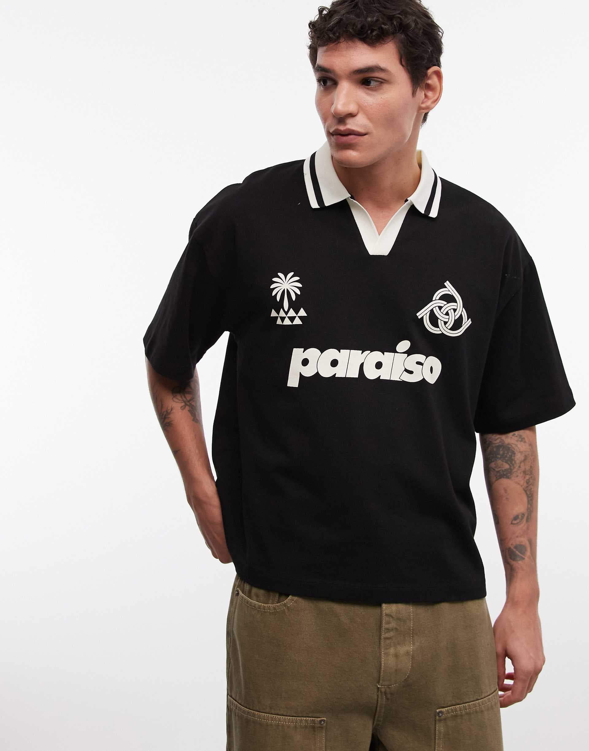 ASOS DESIGN boxy oversized polo with soccer graphics in black