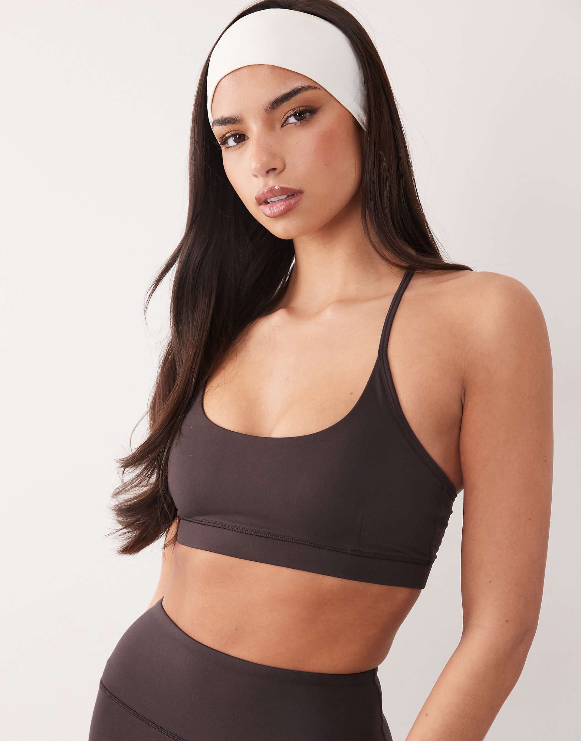 4505 Icon soft touch light support sports bra with adjustable straps in dark chocolate