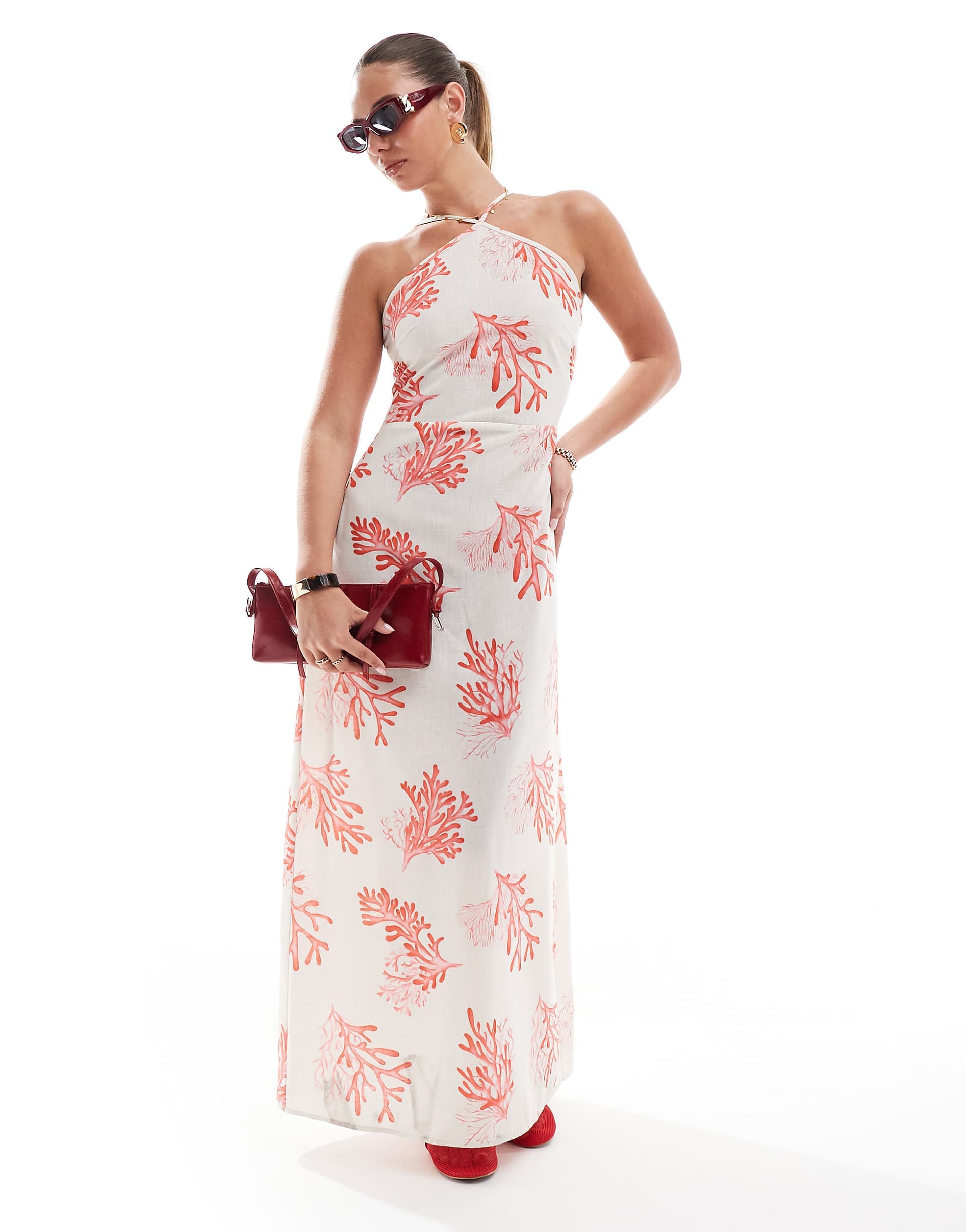 Vero Moda halter maxi dress in coral print